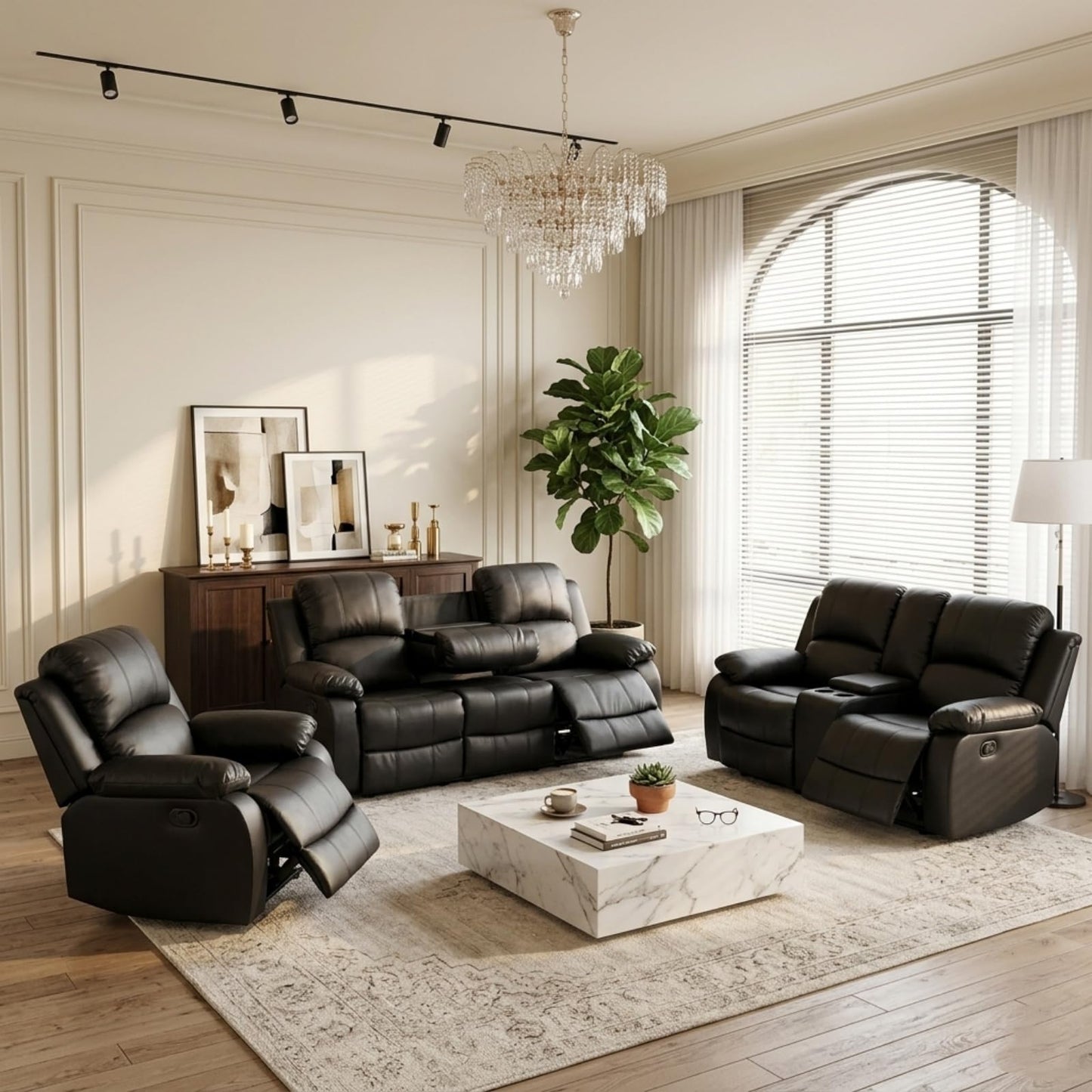 Trygoal Modern Recliner Sofa Set of 3, Semi PU And PVC Living Room Set with 120° Deep Recline & Sleeping Position, Cozy Motion Couch with Loveseat Storage & Cup Holders, Retro Vintage Furniture, Black