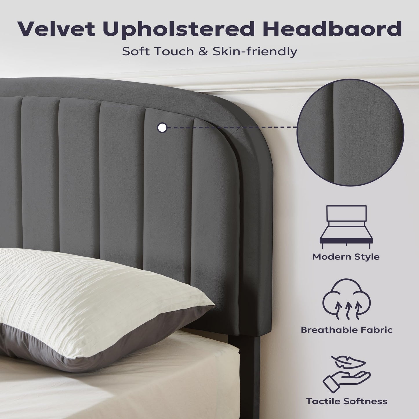 Furnify King Size Bed Frame, Velvet Upholstered Platform Bed with Vertical Channel Tufted Headboard, Rounded Corners Design, Metal Bedframe with Wooden Slat, No Box Spring Required, Grey