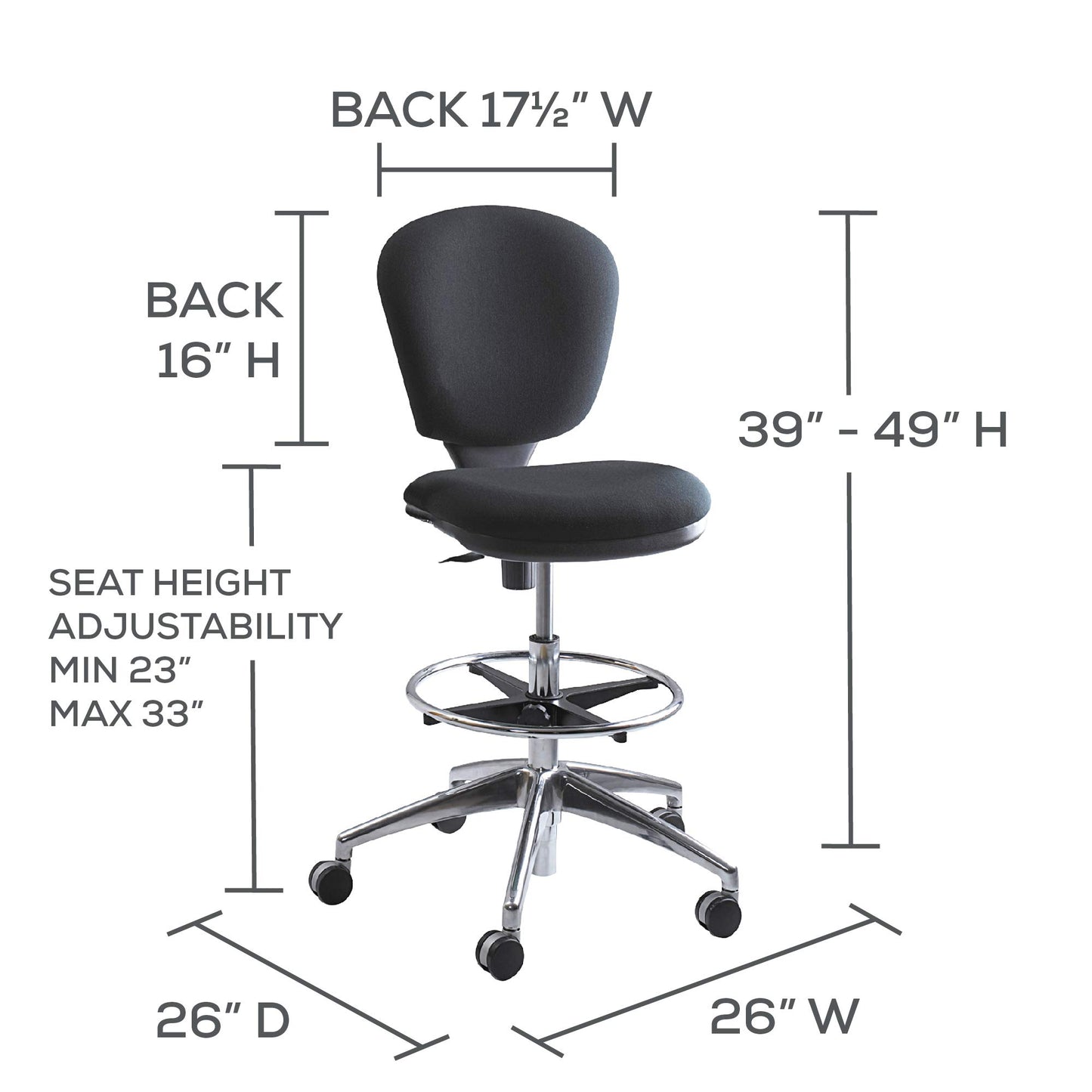 Safco Metro Ergonomic Office Chair, Extended-Height, Adjustable with Swivel Base, Padded, Black
