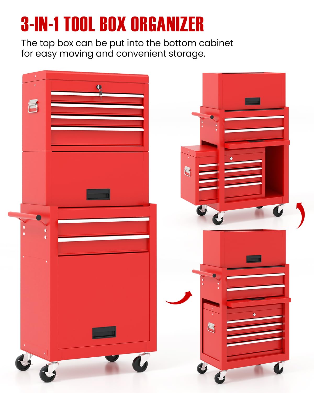 ARNOT 2-in-1 Rolling Tool Chest with 5 Drawers, Heavy-Duty Metal Tool Box with Wheels, Detachable Top Tool Box & Rolling Tool Cabinet for Garage, DIY (6-Drawers Whith Middle Box, Red)