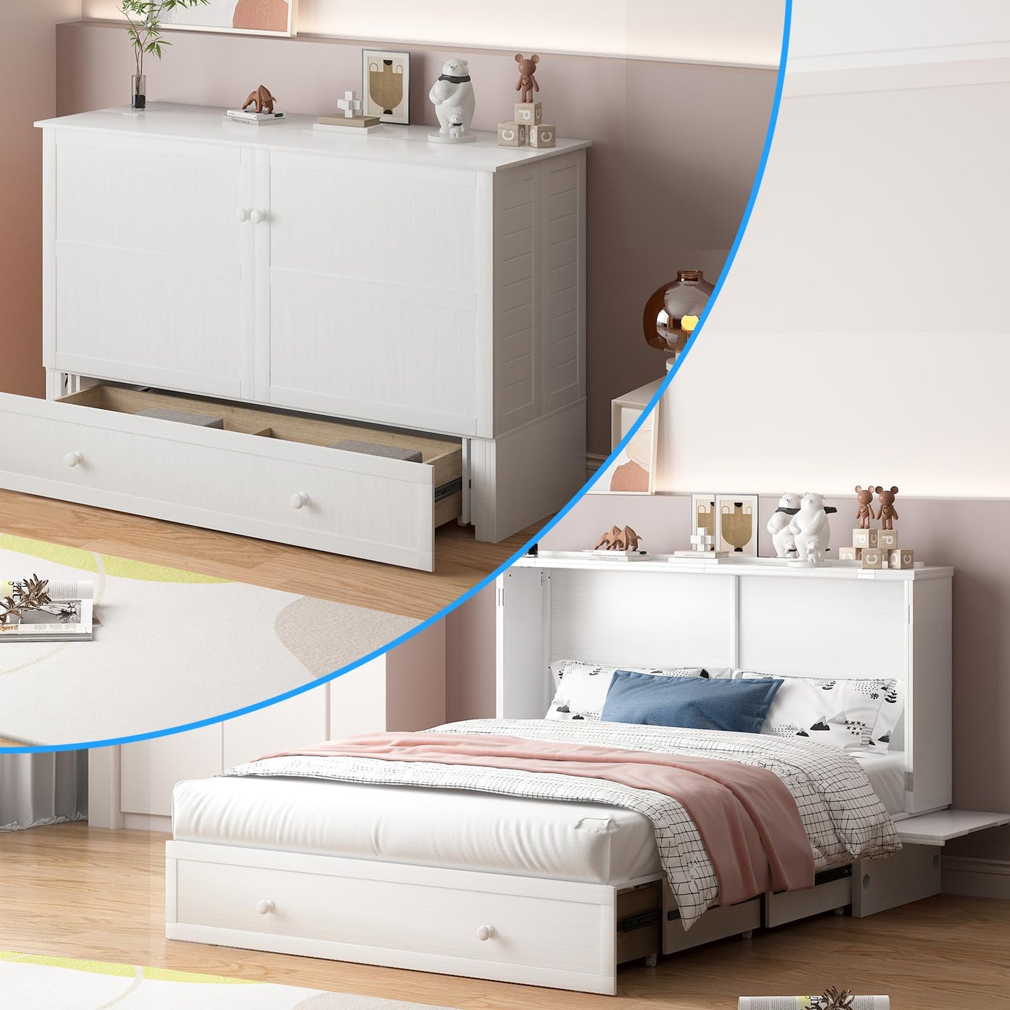 PUREMIND Queen Murphy Bed Cabinet, Murphy Bed with Mattress Included, Storage Drawer and Bedside Panel, Built-in Charging Station, Solid Wood Space-Saving Wallbed Hideaway Beds for Guest Room