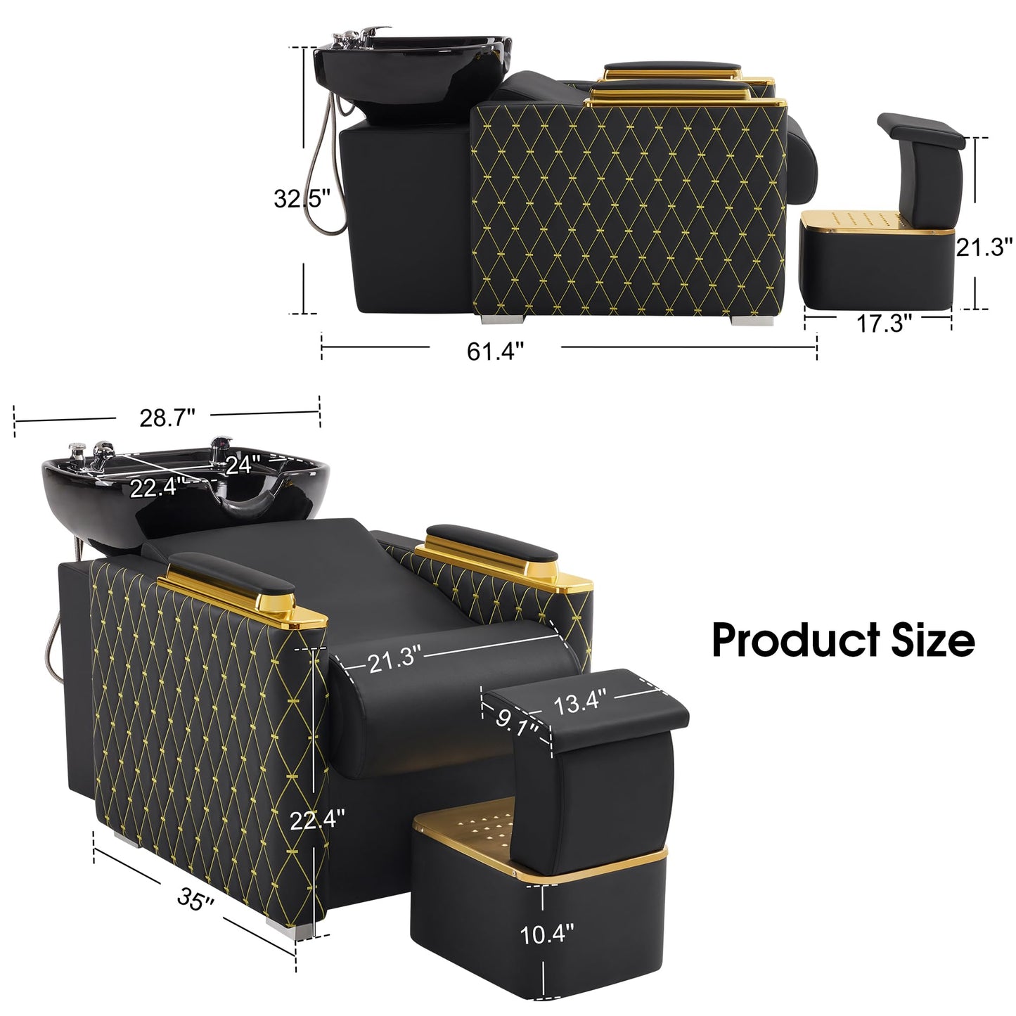 BarberPub Backwash Shampoo Station Chair with Porcelain Ceramic Hair Wash Bowl, Vacuum Breaker, Professional Black&Gold Shampoo Chair for Salon and Spa 8613 (Black&Gold)