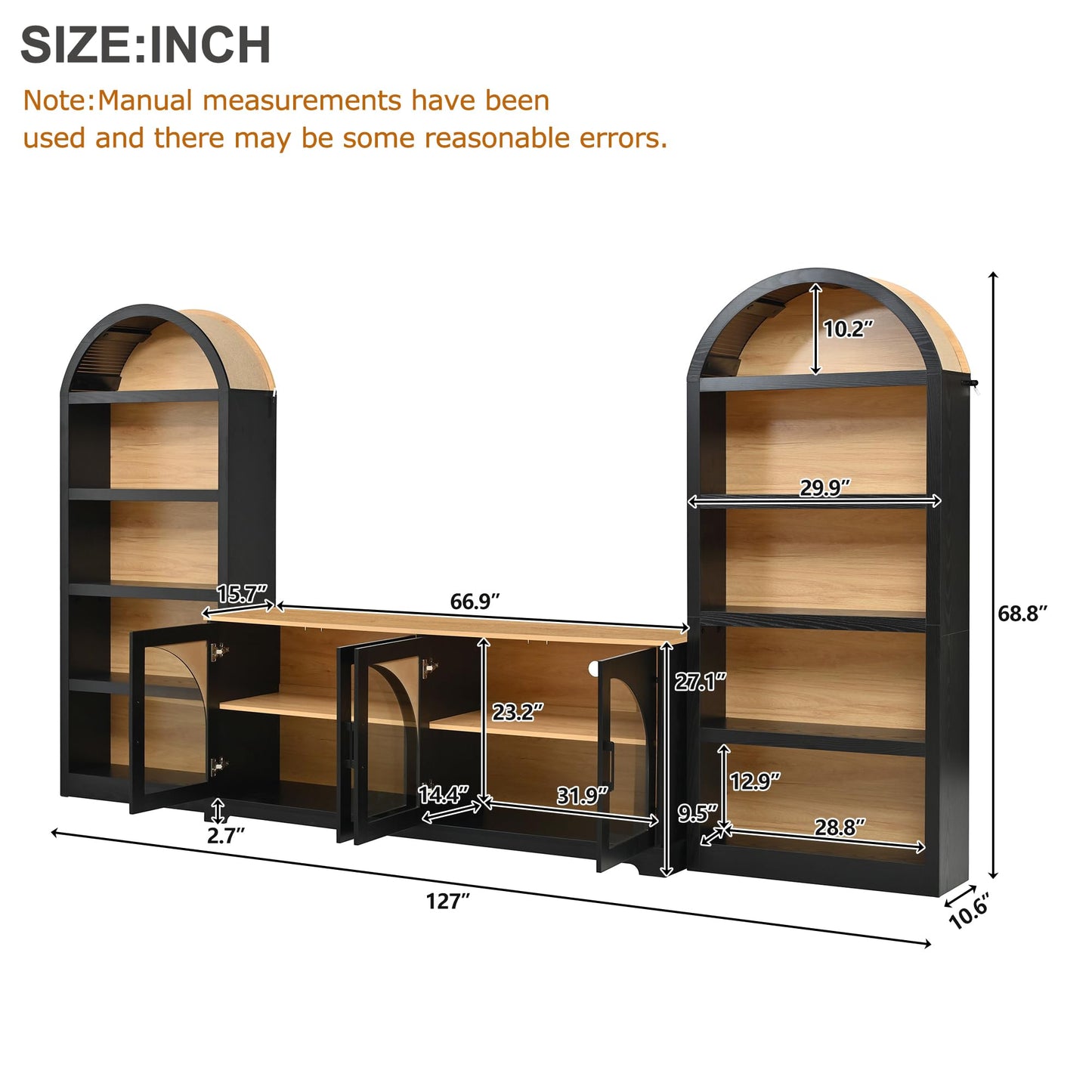 Merax Vintage Farmhouse TV Stand Set for TVs Up to 70" with Bookshelves, Two-Tone & Arched Design Entertainment Center with Tempered Glass Doors, 3-Piece Retro Media Console Sideboard, Black