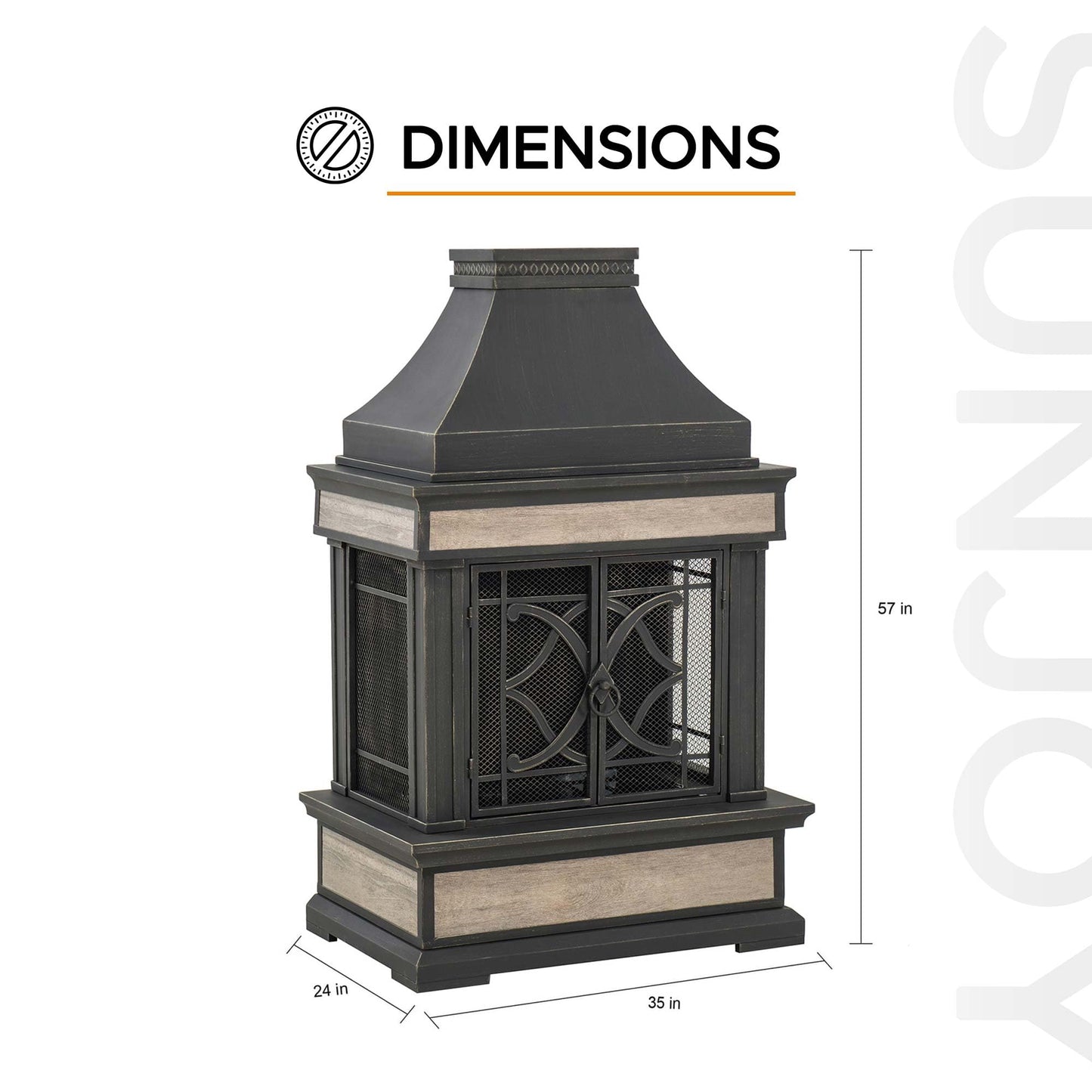 Sunjoy Outdoor Fireplace, Stone Look Tile Patio Wood Burning Steel Fireplace with Chimney, Spark Screen, Fire Poker, Rain Cover, and Removable Grate, Black with Golden Highlight