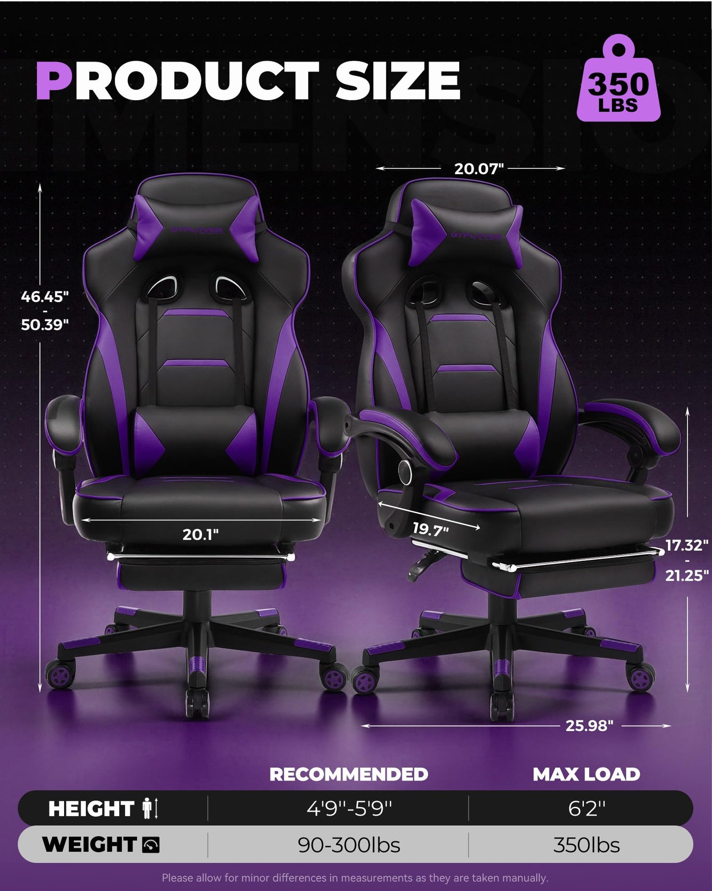 GTPLAYER Gaming Chair with Footrest, Big and Tall Game Chair 350lb Racing Style Computer Chair, Ergonomic Executive Office Chair High Back with Lumbar Support and Recliner, Purple