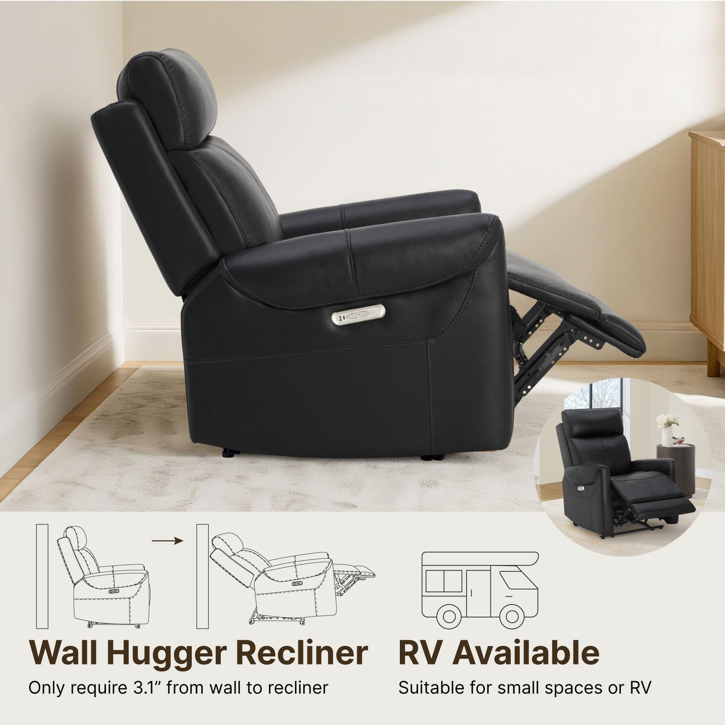 KISLOT Leather Recliner Chair for Adults Wall Hugger RV Recliner with USB Charging Ports Electric Power Reclining Sofa for Living Room Home Theater Seating Bedroom