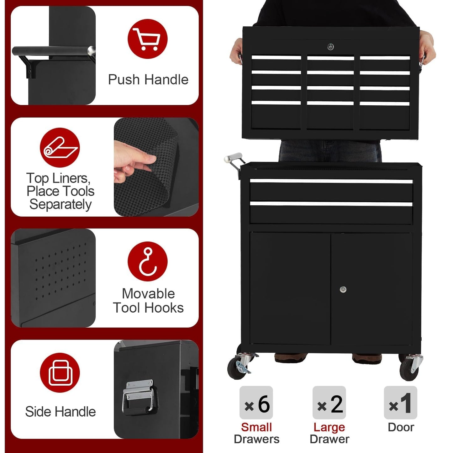8-Drawer Rolling Tool Chest, 2-in-1 Detachable Top Tool Cabinet with Removable High Capacity Storage, Sliding Drawers, Wheels, Locking System & Liners for Workshop, Mechanics, Garage and Warehouse Use