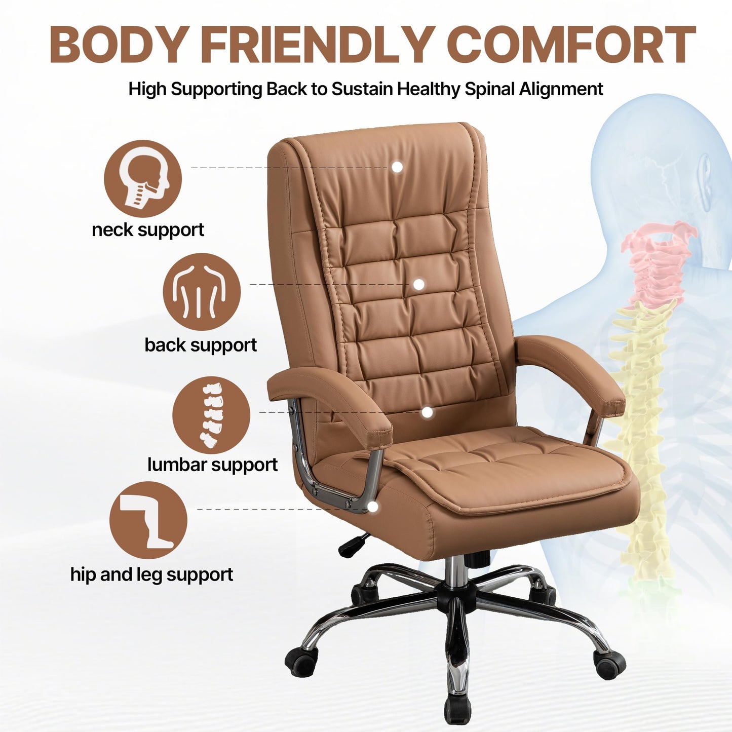 KEIKI Executive Office Chair High Back PU Leather Desk Chair with Spring Cushion, Ergonomic Swivel Computer Chair, Chrome Armrests, Adjustable Rolling Chair for Home Office, Camel