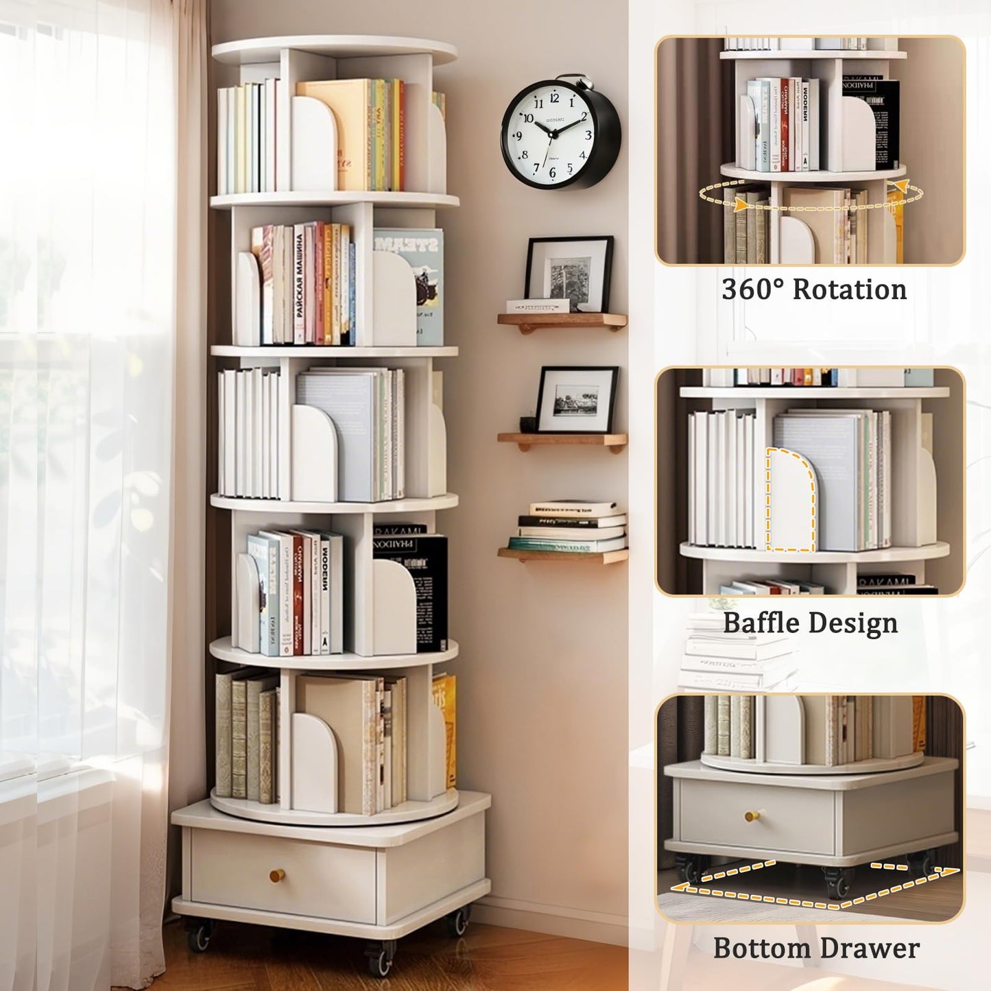 GDFStudio 6-Tier Rotating Bookshelf with Wheels & Drawer, 360° Spinning Round Display Organizer, Space-Saving Storage Tower for Living Room, Home, Office, White
