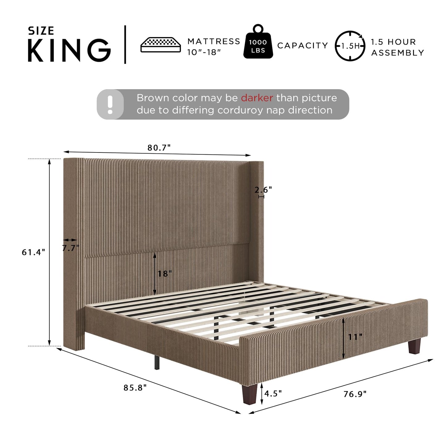 HOWE King Size Bed Frame with 61.4" Extra Tall Headboard, Corduroy Upholstered Bed with Vertical Wingback Headboard, No Box Spring Needed/Noise Free/Solid Wood Slats & Legs/Brown