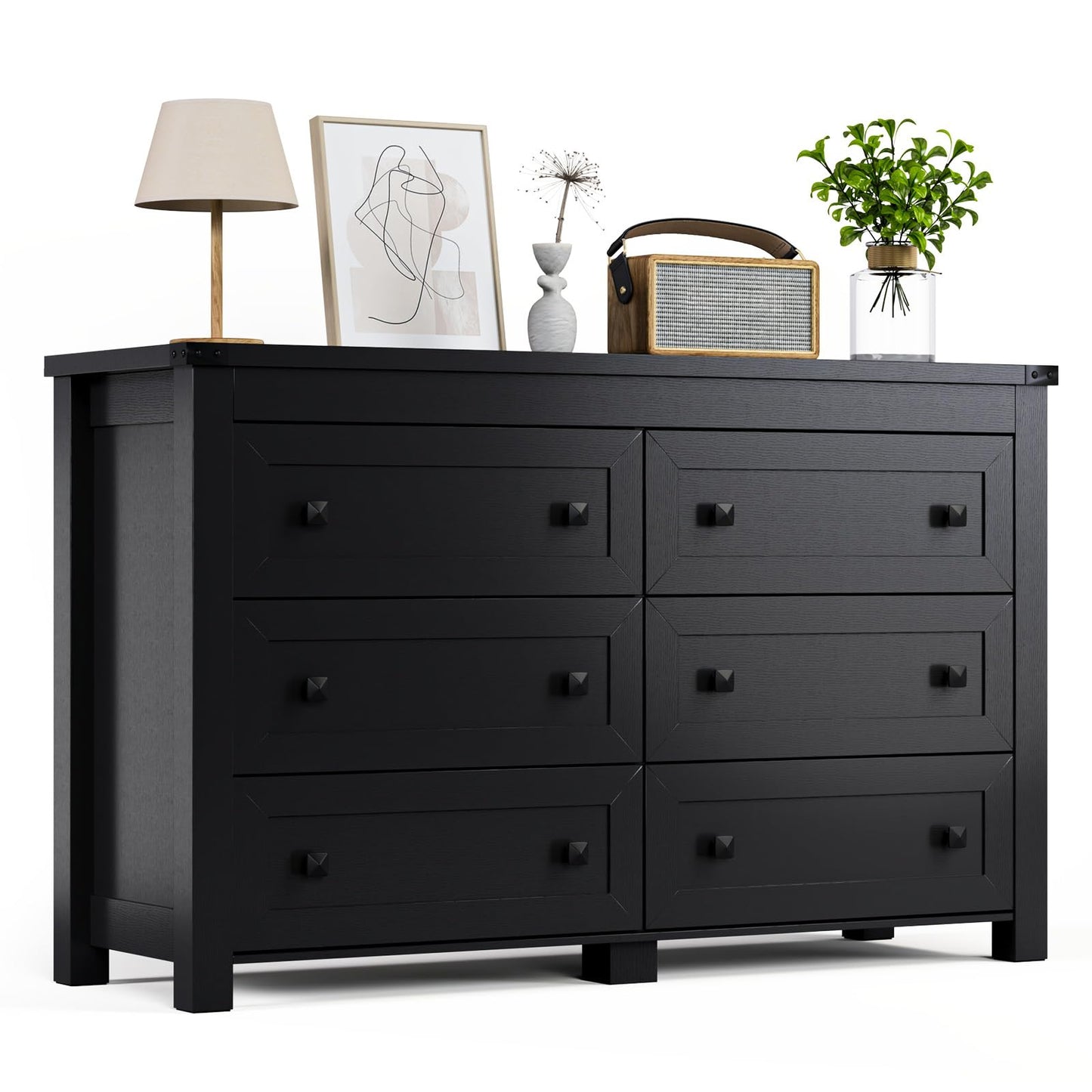 HUANLEGO Black Dresser for Bedroom with 6 Drawers, Modern Chest of Drawers, Wood Dressers Bedroom Furniture Wide Storage Organizer, 6 Drawer Dresser for Closet, Living Room, Hallway