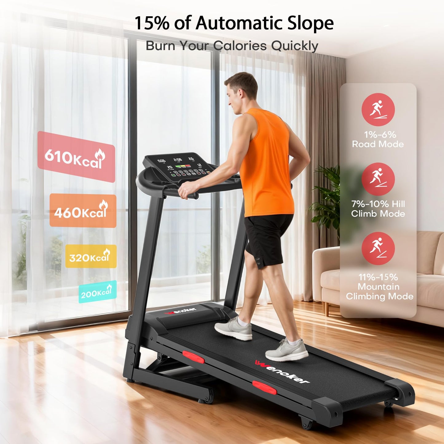 WENOKER Treadmills for Home,Treadmill with 0-15% Auto Incline,3.0HP Folding Treadmill with App, Max 8.7 MPH,300 LBS Capacity, Incline Treadmill Equipped with Bluetooth & Pulse Monitor
