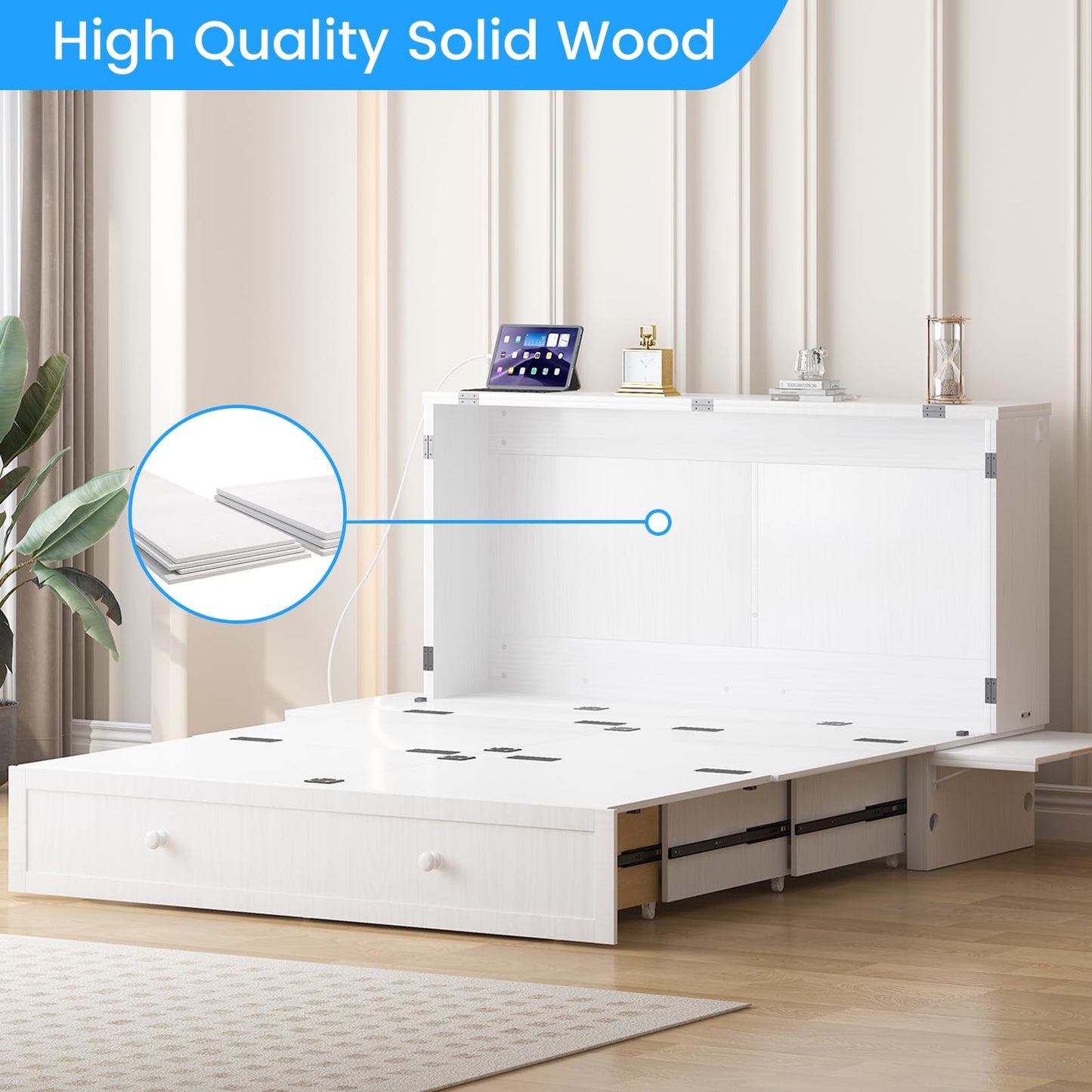 PUREMIND Queen Murphy Bed Cabinet, Murphy Bed with Mattress Included, Storage Drawer and Bedside Panel, Built-in Charging Station, Solid Wood Space-Saving Wallbed Hideaway Beds for Guest Room