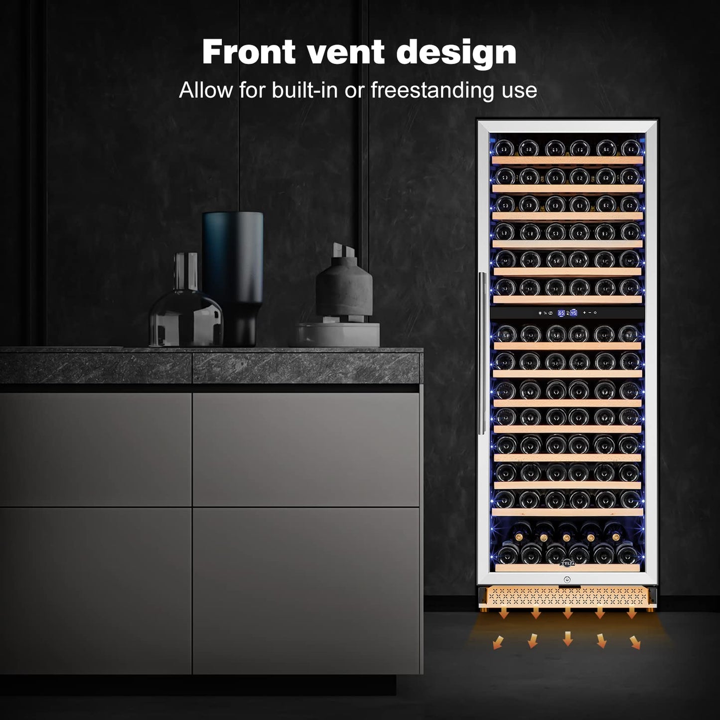 Tylza 24 Inch Wine Fridge Dual Zone, 180 Bottles Wine Cooler Refrigerator With Stainless Steel and Professional Compressor, Fast Cooling Low Noise and No Fog Built-in or Freestanding