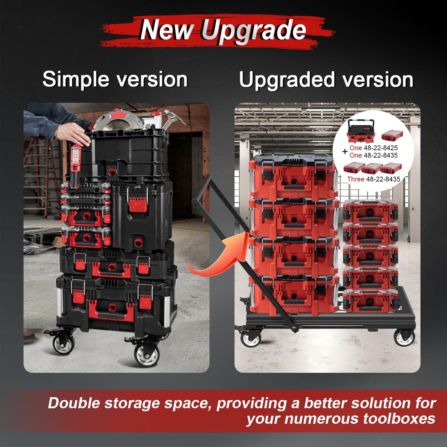 Medium Heavy Duty Toolbox Dolly with Handle, Compatible with Mil.Waukee Packout Toolbox, Double Storage, Thickened Carbon Steel Frame, Larger Wheels with Brake, No Drilling Required, Up to 400lbs