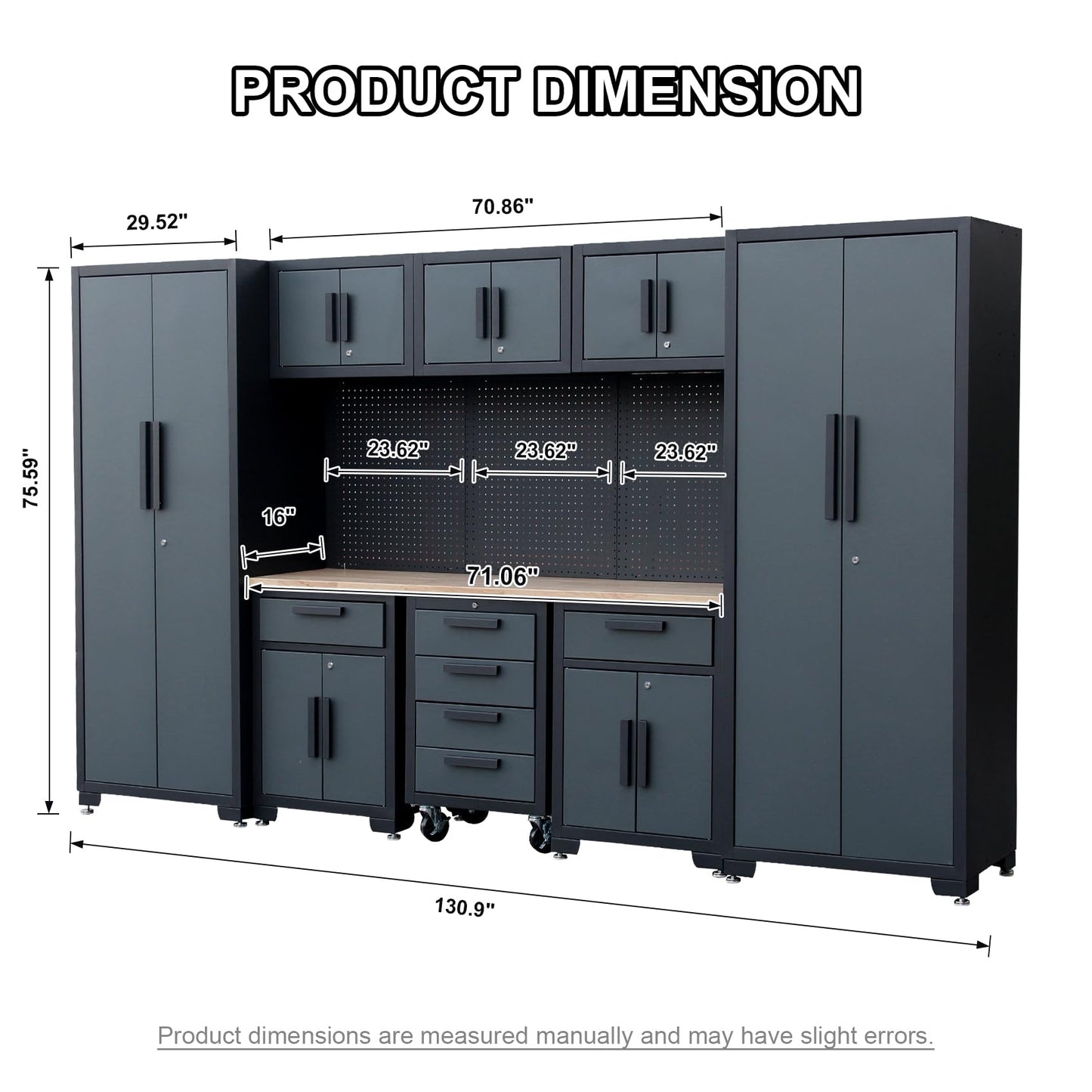 Tsnritor Garage Storage Cabinet System, 9PCS Tool Chest Workbench Storage System in Black, Included Steel Cabinets Drawers Rolling Chest and Pegboard,Locked Garage Storage Cabinet,Grey Handle