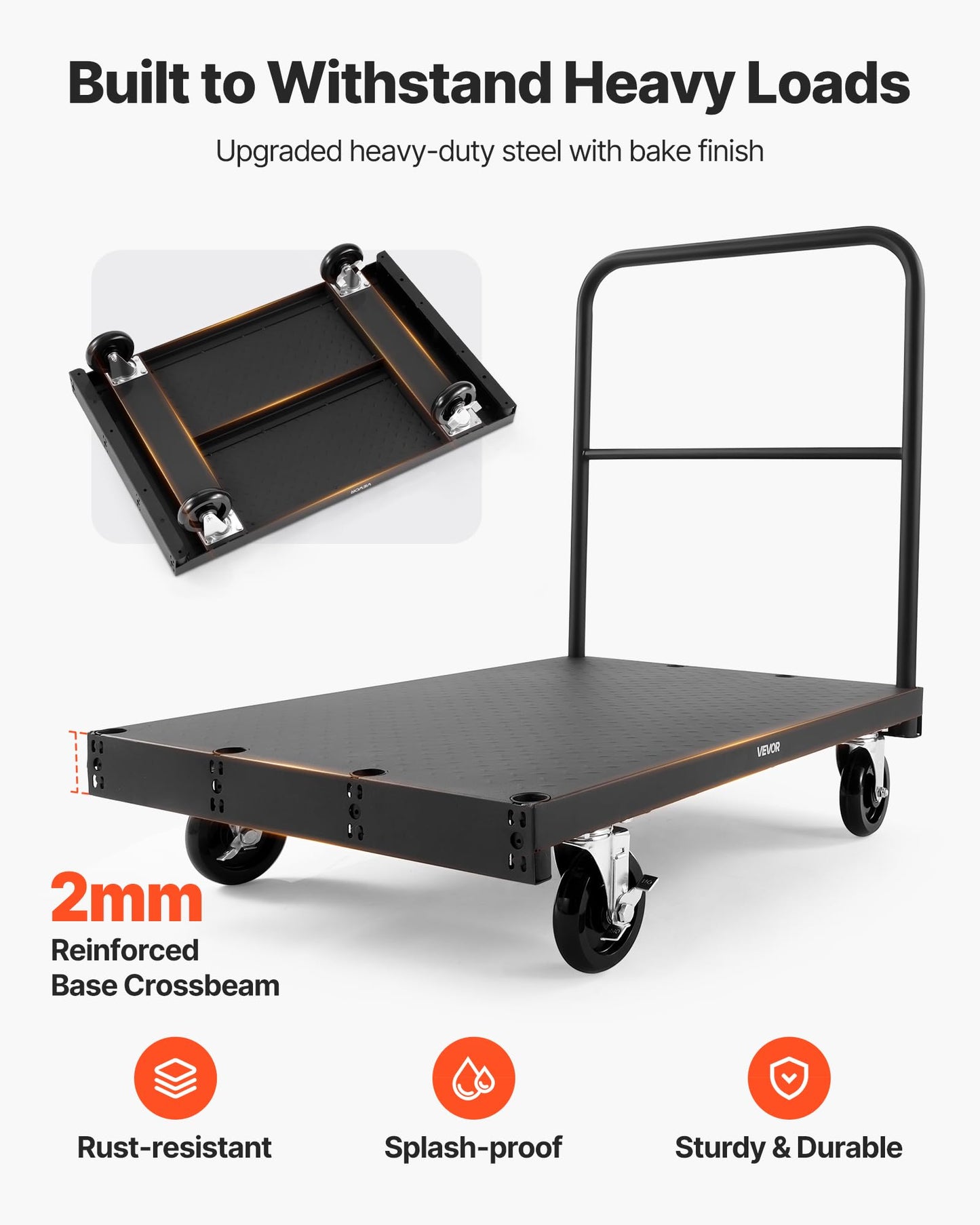 VEVOR Drywall Cart Dolly, 1800 lbs Load Capacity, 2-in-1 Steel Panel Truck Cart with 5 inch Swivel Casters, 36 x 24 inch Platform Truck with 3 Side Handrails for Factory, Warehouse, Garage, Black