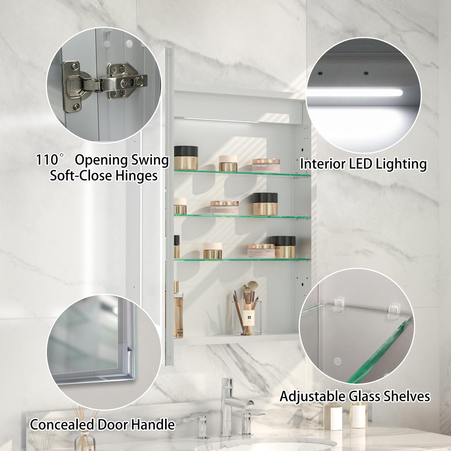 24“x30" LED Medicine Cabinet Mirror, Plastic Bathroom Mirror with Storage, Wall-mounted Mirrored Medicine Cabinets with Adjustable Tempered Glass Shelves, Lighted Mirror Cabinet, Anti-Fog Function