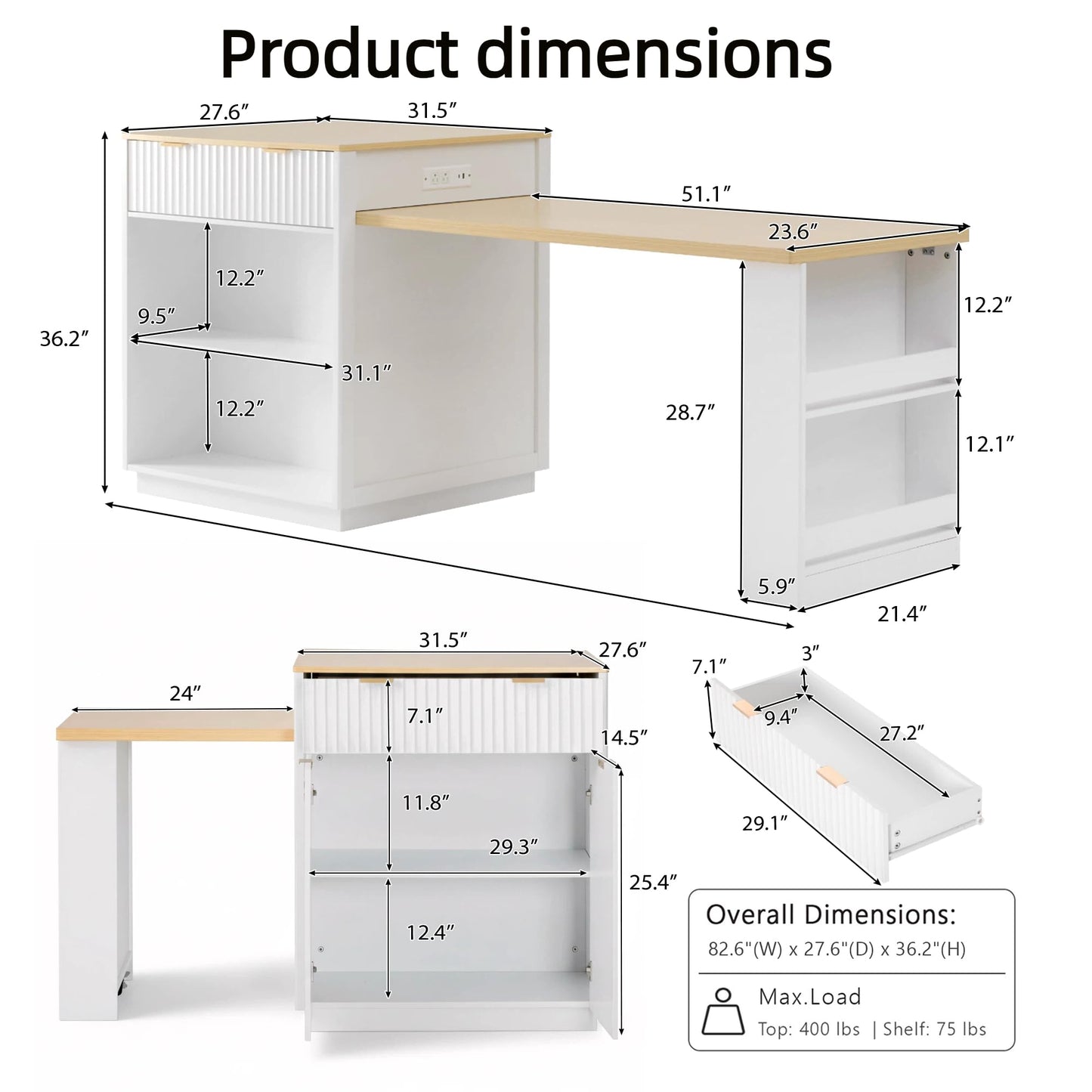 Trygoal 83" Extendable Kitchen Island with Drop Leaf Dining Table, White Rolling Storage Cart on Wheels with Power Outlet, Drawers & Cabinets, Anti-Wobble Central Caster, White