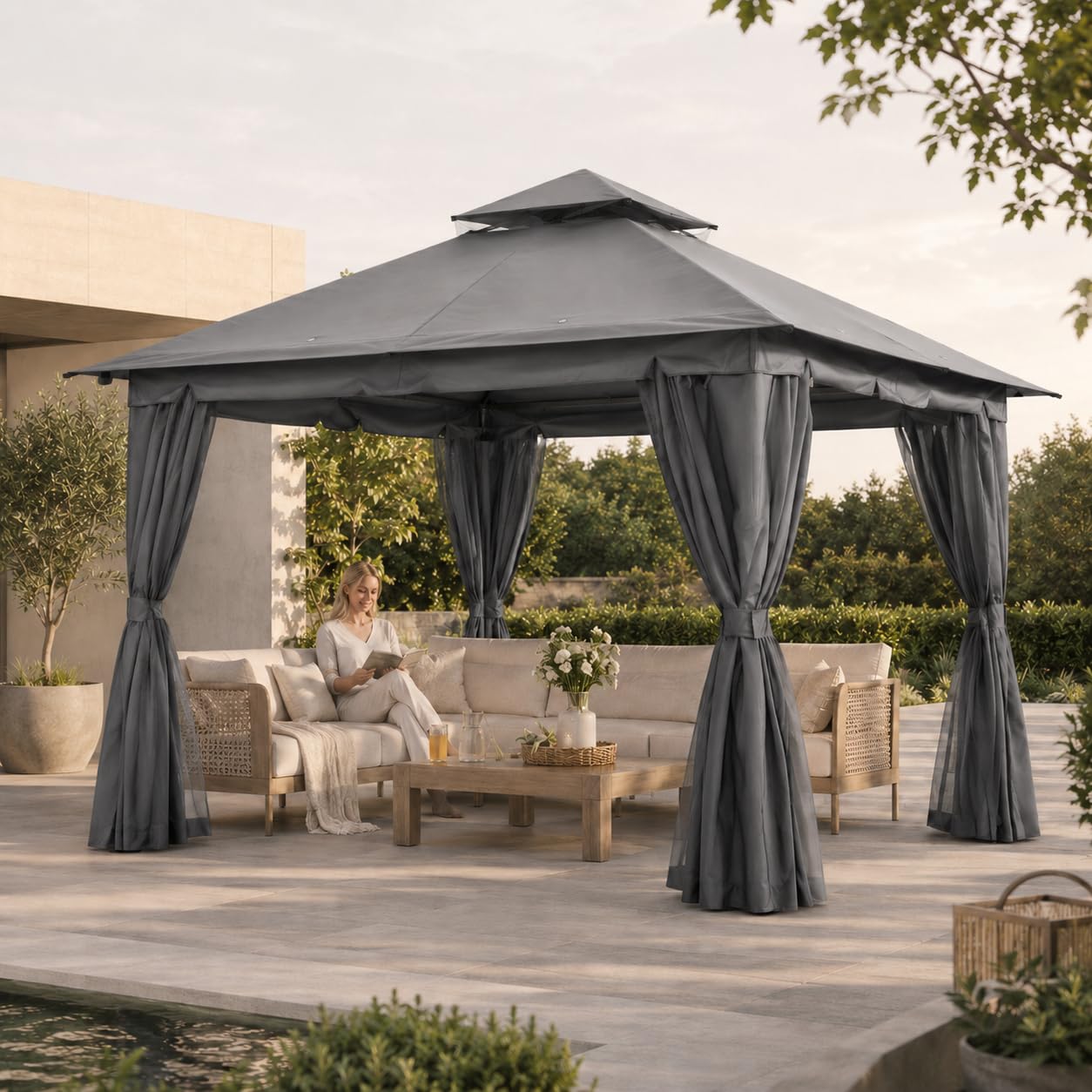 Kingdura 10'x13' Outdoor Gazebo, Heavy Duty Metal Patio Canopy Tent Shelter with Double Roof, Mosquito Netting & Privacy Curtains for Backyard, Garden, Deck, Lawn, Grey