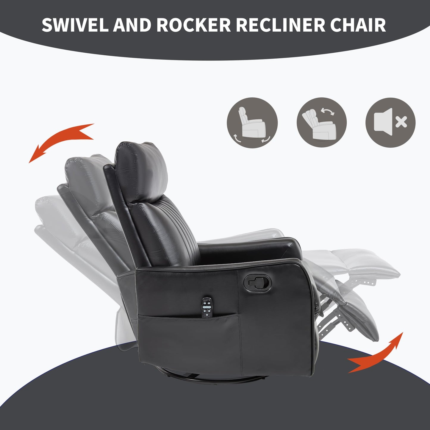 KEIKI 4-in-1 Manual Swivel Rocker Recliner Chair for Living Room, Faux Leather Nursery Glider Rocking Chairs with Back Massager & Heat, Tailored for Quiet Afternoon Tea Relaxation Moments, Black