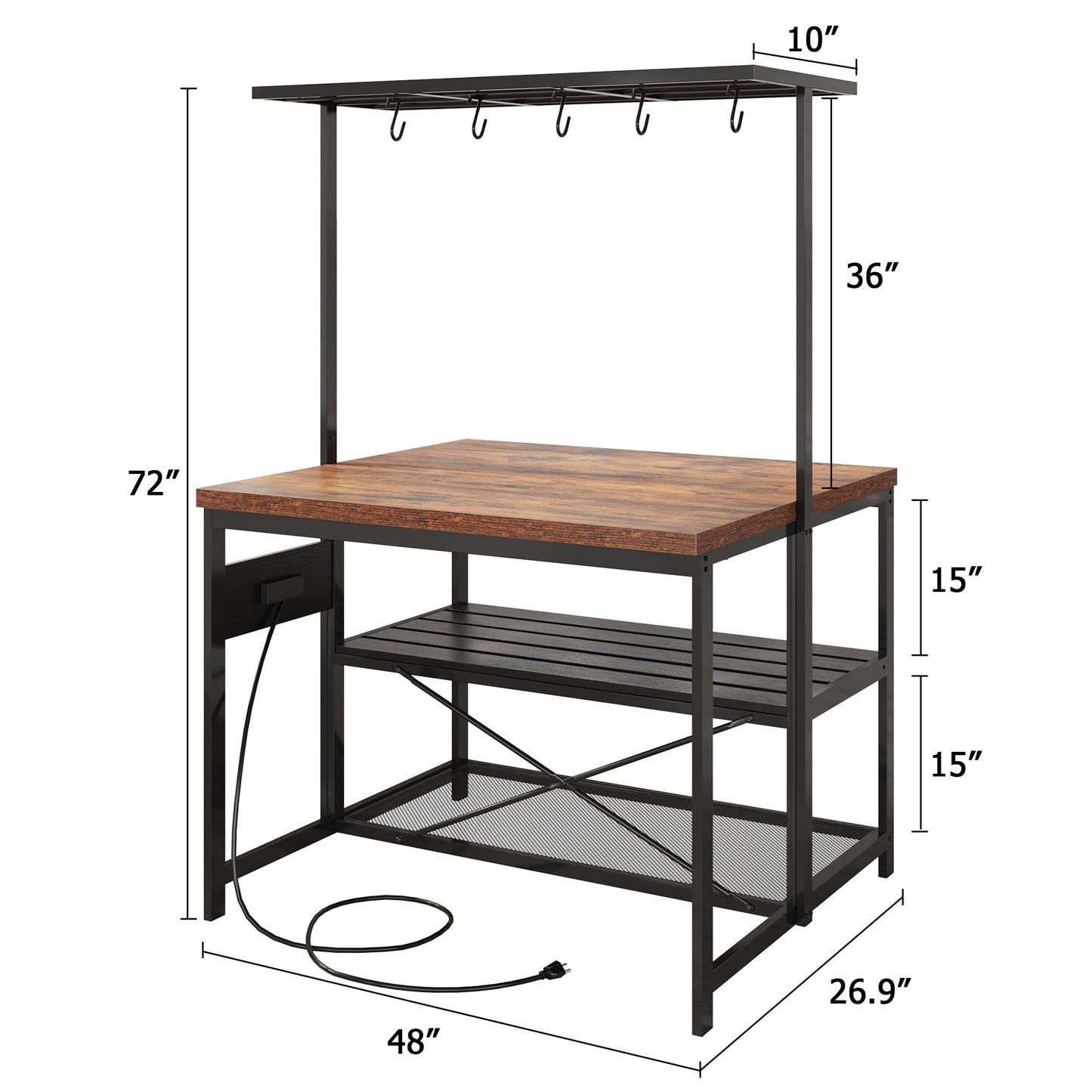 GarveeHome 47 in Kitchen Island with Power Outlet & Storage - Large Bakers Rack, Microwave Stand with 3-Tier Shelves & 5 Hooks for Pantry Organization