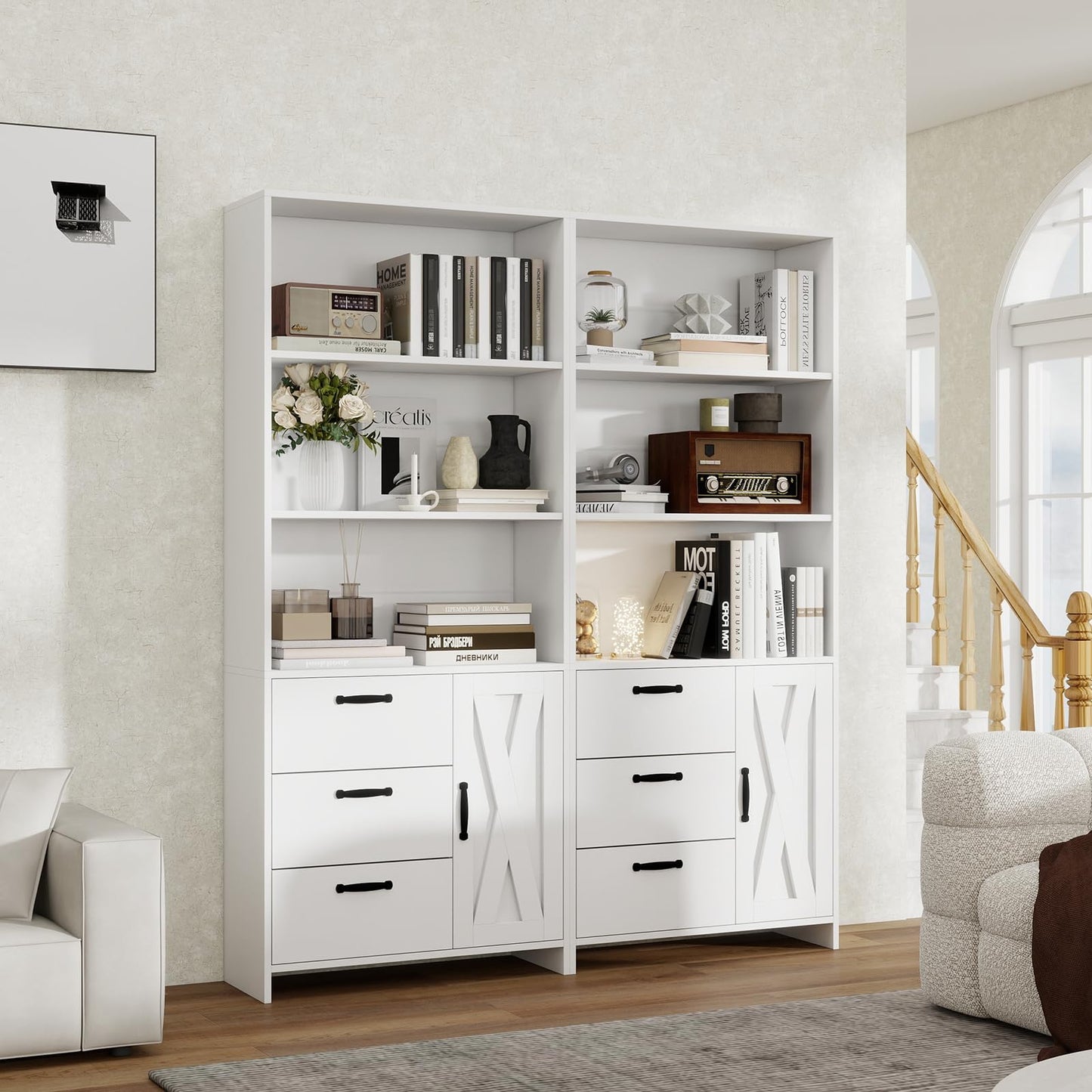Garvee Bookshelf with Doors and 3 Drawers, 71" Tall Bookcase with 3-Tier Open Shelves, Wooden Book Shelf for Home Office, Living Room, Entrance, Hallway, White
