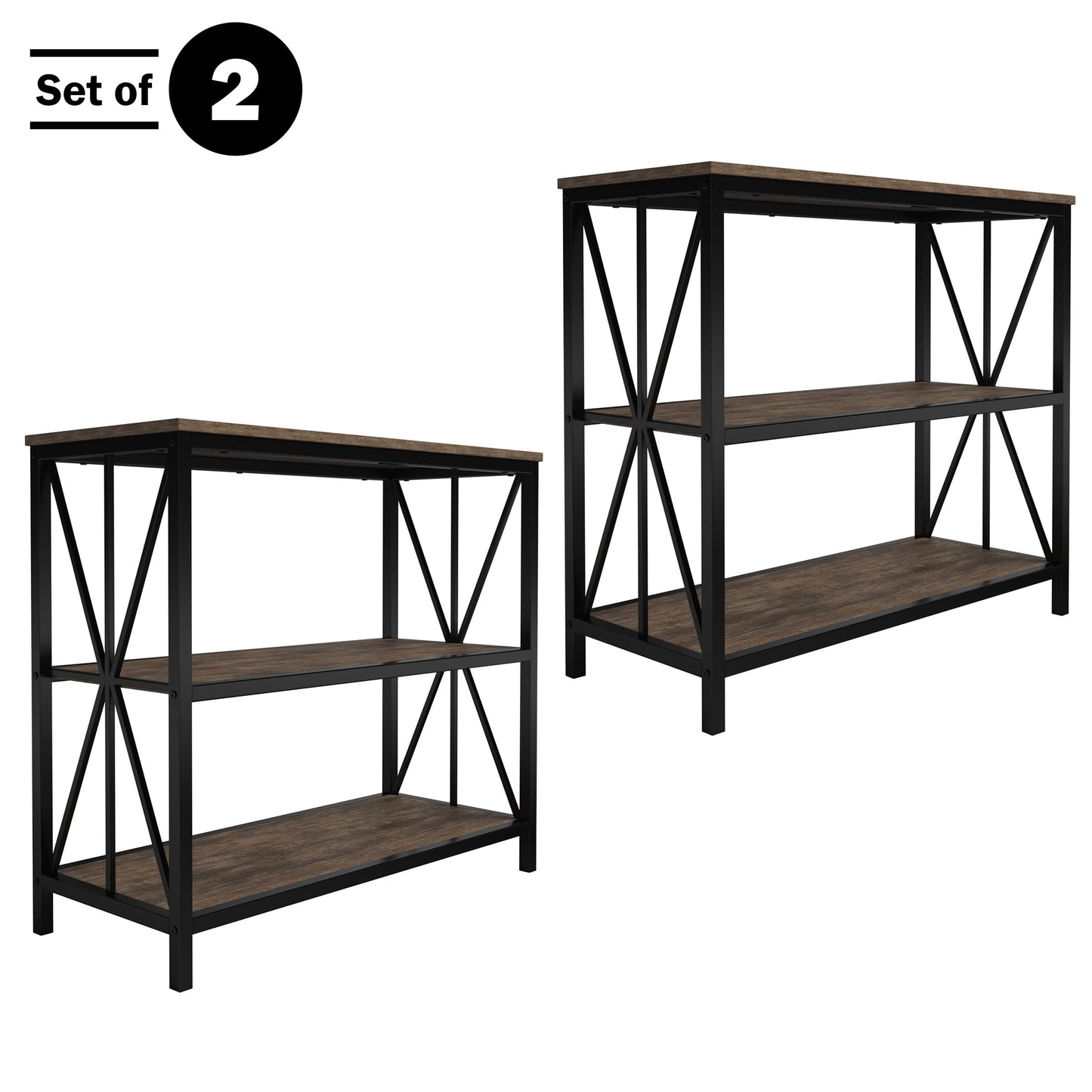 Lavish Home 3-Tier Industrial Bookshelf Set of 2 - Freestanding Open Bookcase for Home or Office Organization and Storage - Book Organizer (Brown Woodgrain)
