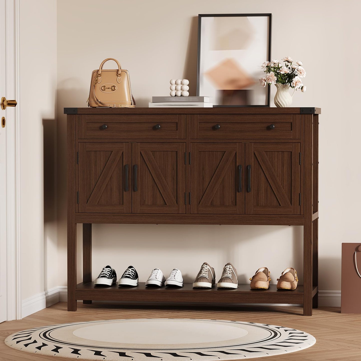 PeacefulHues 47.2inch Large Sideboard Buffet Cabinet, Farmhouse Coffee Bar Cupboard Cabinet Storage, Wood Console Table with 2 Drawers for Kitchen Dining Living Room Entryway, Brown