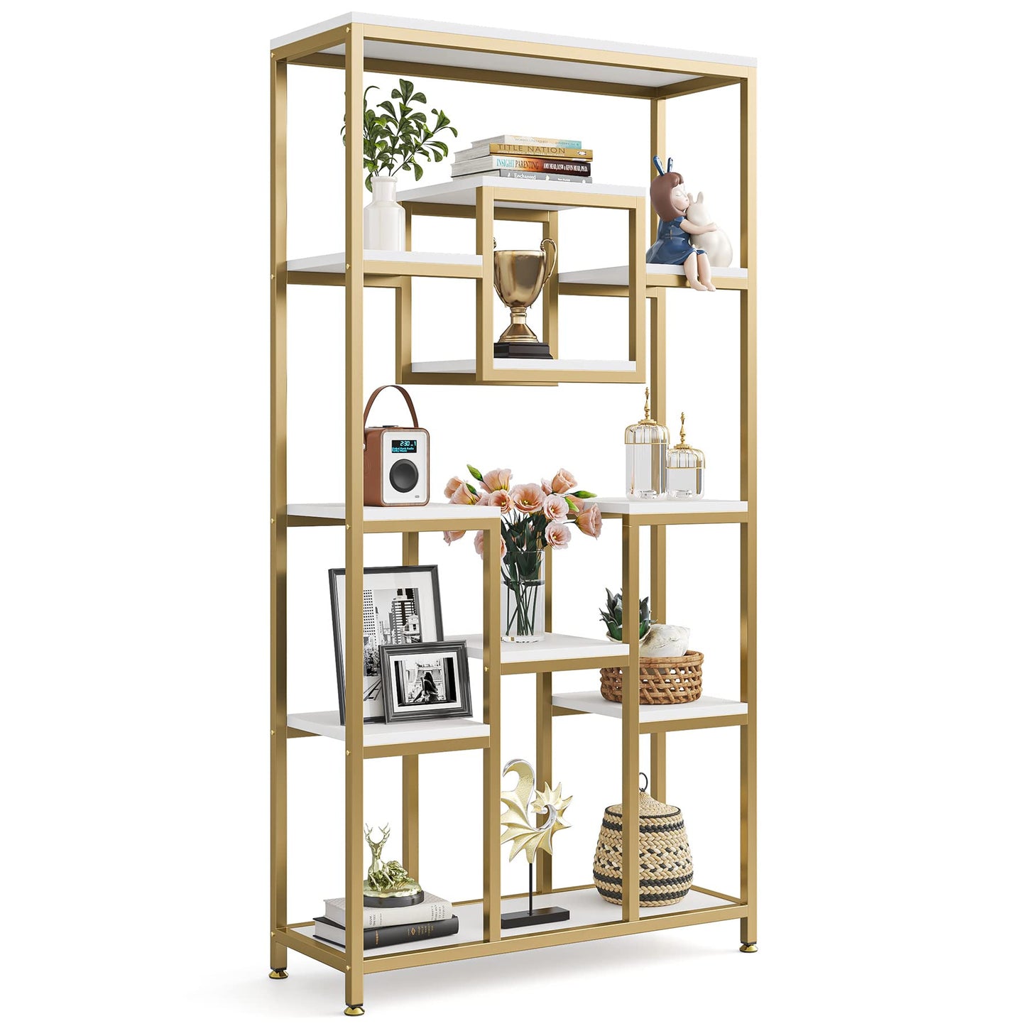 LITTLE TREE 71" Tall Bookshelf, Large Open Display Shelf, Geometric Cubed Bookcase, Modern Book Shelf with Storage Shelves for Office, Living Room, Bedroom, Gold & White