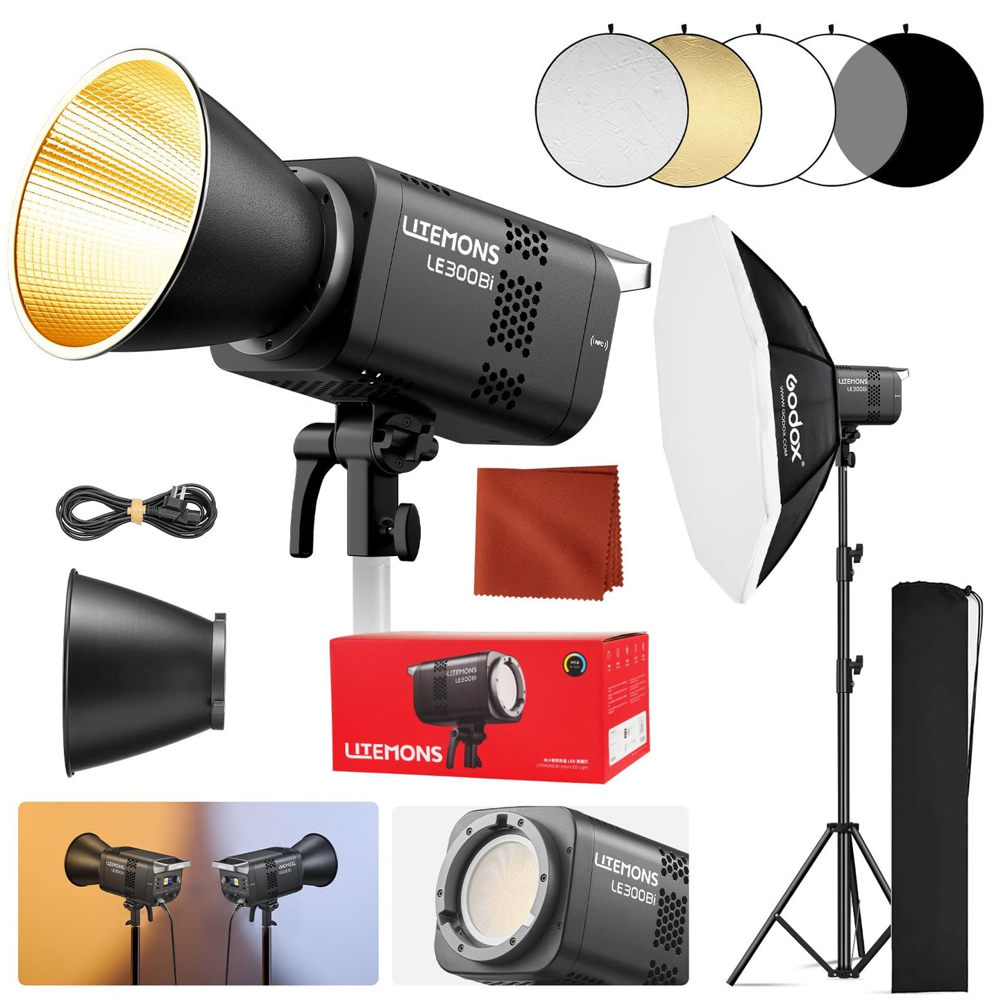 GODOX LE300Bi Light Kit, Godox Litemons LE300Bi Video Light with Softbox Light Stand, Bowens Mount, DMX/Bluetooth APP Control, NFC Connection, 2800K~6500K, 58900Lux@1m, CRI/TLCI98, 11 Fx Effects
