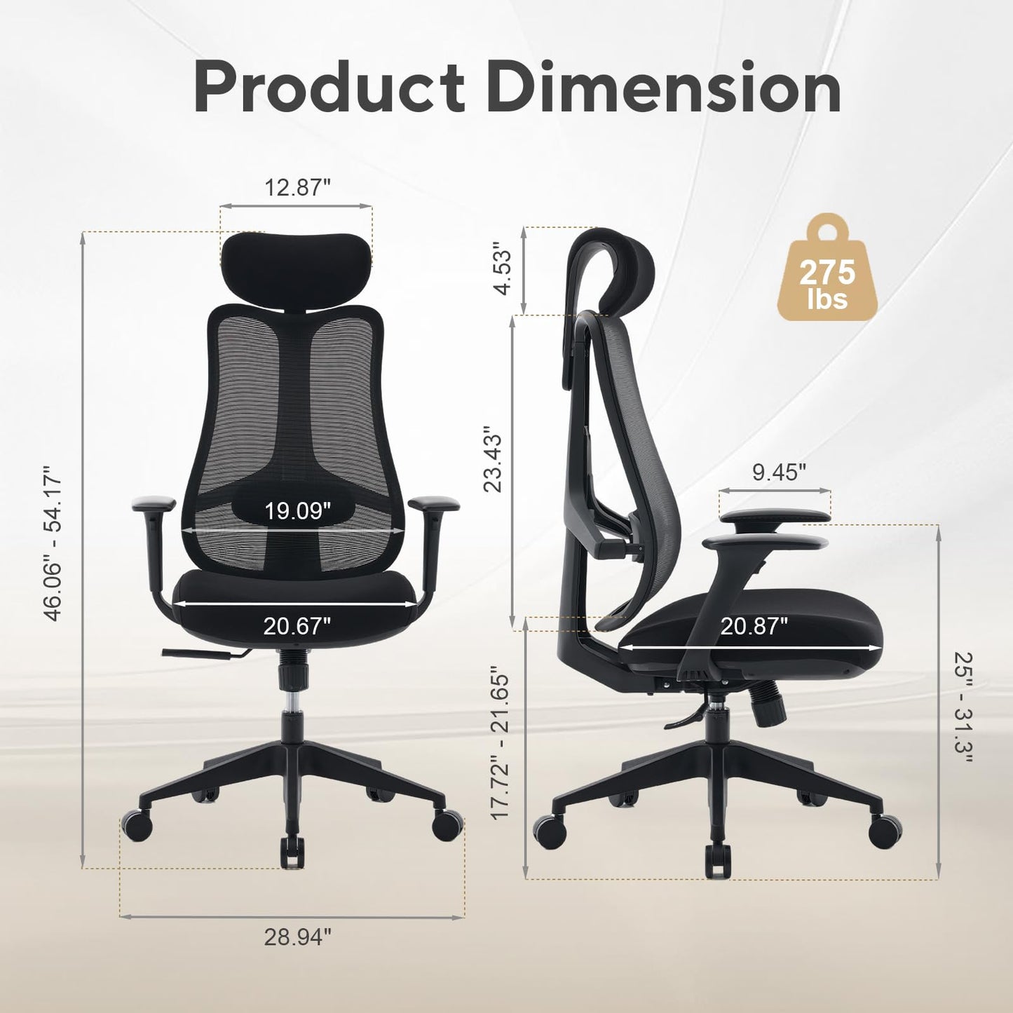 Nouhaus Fluido Ergonomic Office Chair, High Back Mesh Computer Chair w/Height Adjustable Lumbar Support, Backrest & Headrest, Dynamic Back Support, 3D Armrests, Home Office Desk Chairs Comfy (Black)