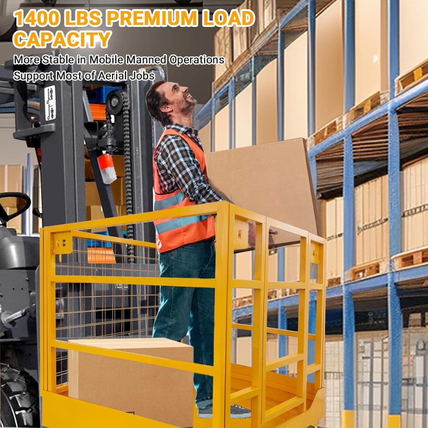 43"x45" Forklift Platform Safety Cage,Work Platform for Loader,Man Basket for Forklift,1800lbs Capacity with Safety Harness & Lock,2-Man Collapsible Lift Basket for Lifting Loader