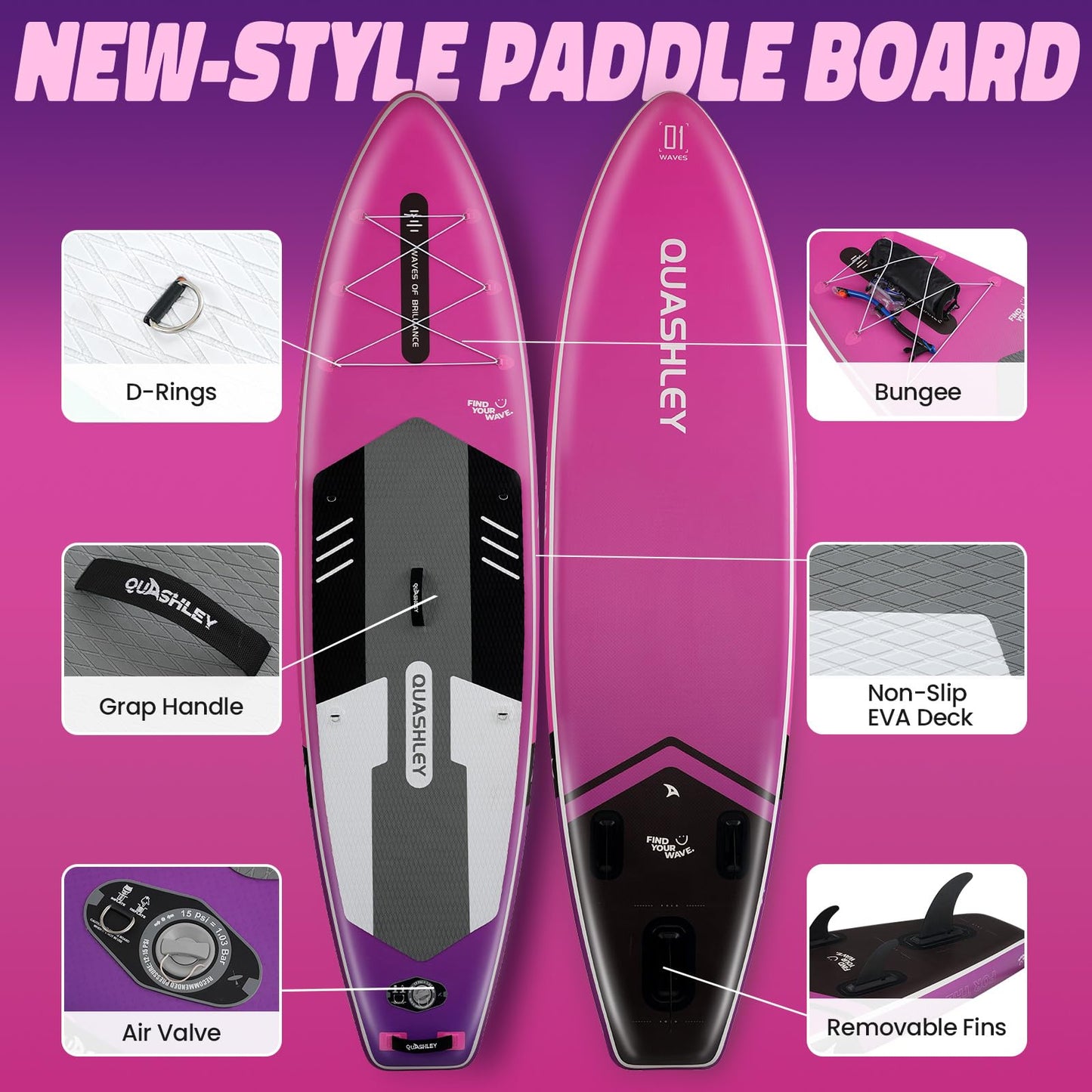 Quashley Inflatable Stand Up Paddle Board - All-Round SUP for Yoga,Fishing,Touring | Portable,Stable,Lightweight with Non-Slip Deck & Paddle for Beginners & Family Fun Fade Purple