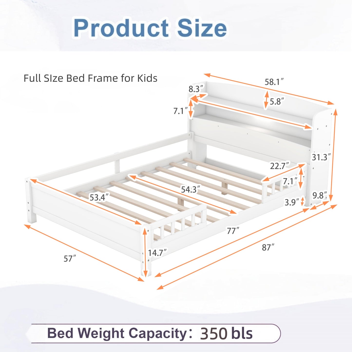 Merax Full Size Bed Platform Frame, Solid Wood Full White Bed Frame with Storage Headboard, Built-in Light and Safety Guardrail, No Box Spring Needed, Easy Assembly, Noise-Free