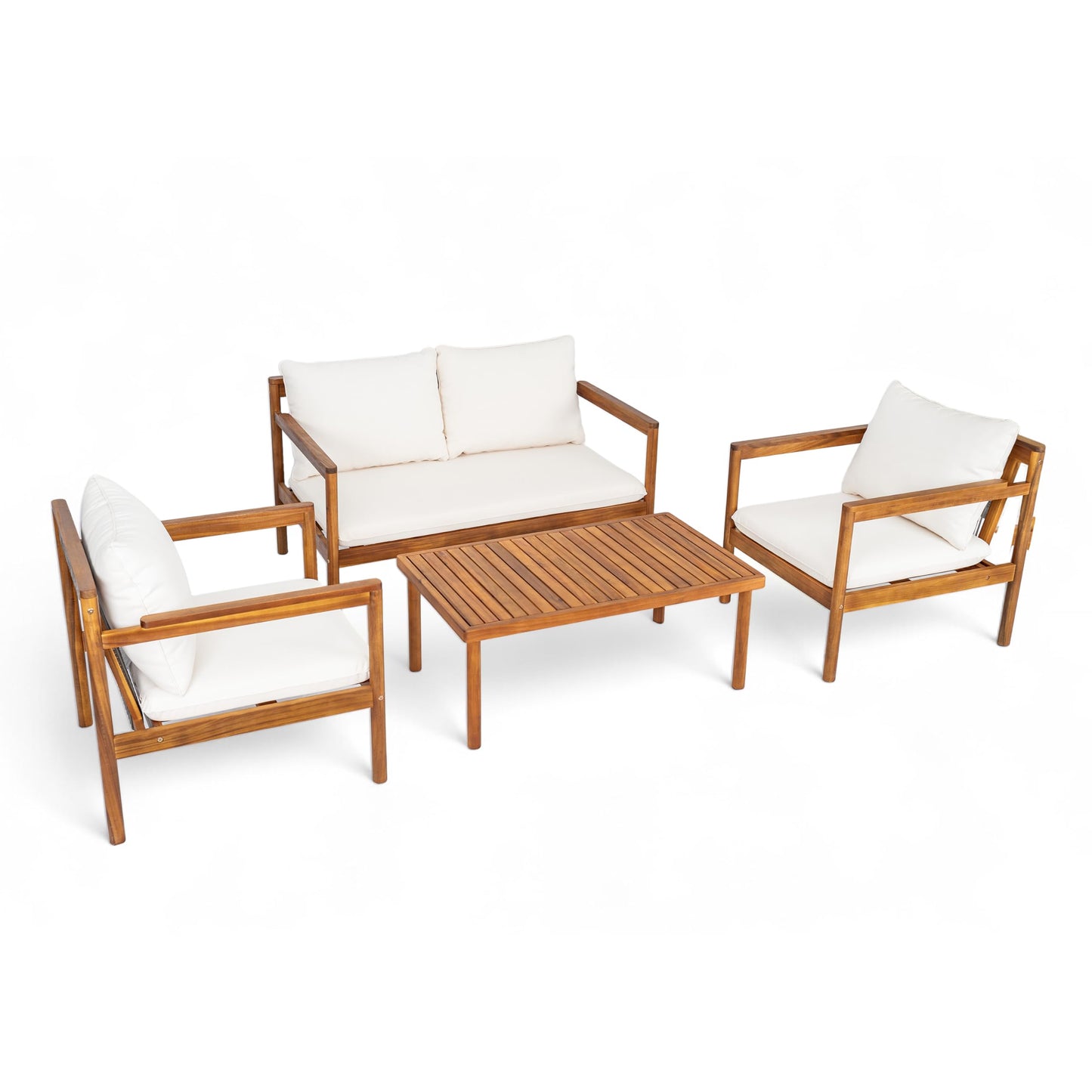 Christopher Knight Home Vorms 4-Piece Acacia Wood Patio Furniture Set with Rope Backrest, Patio Conversation Chat Set for Backyard Balcony, Outdoor 4-Seater Seating Group with Coffee Table, Teak+Cream