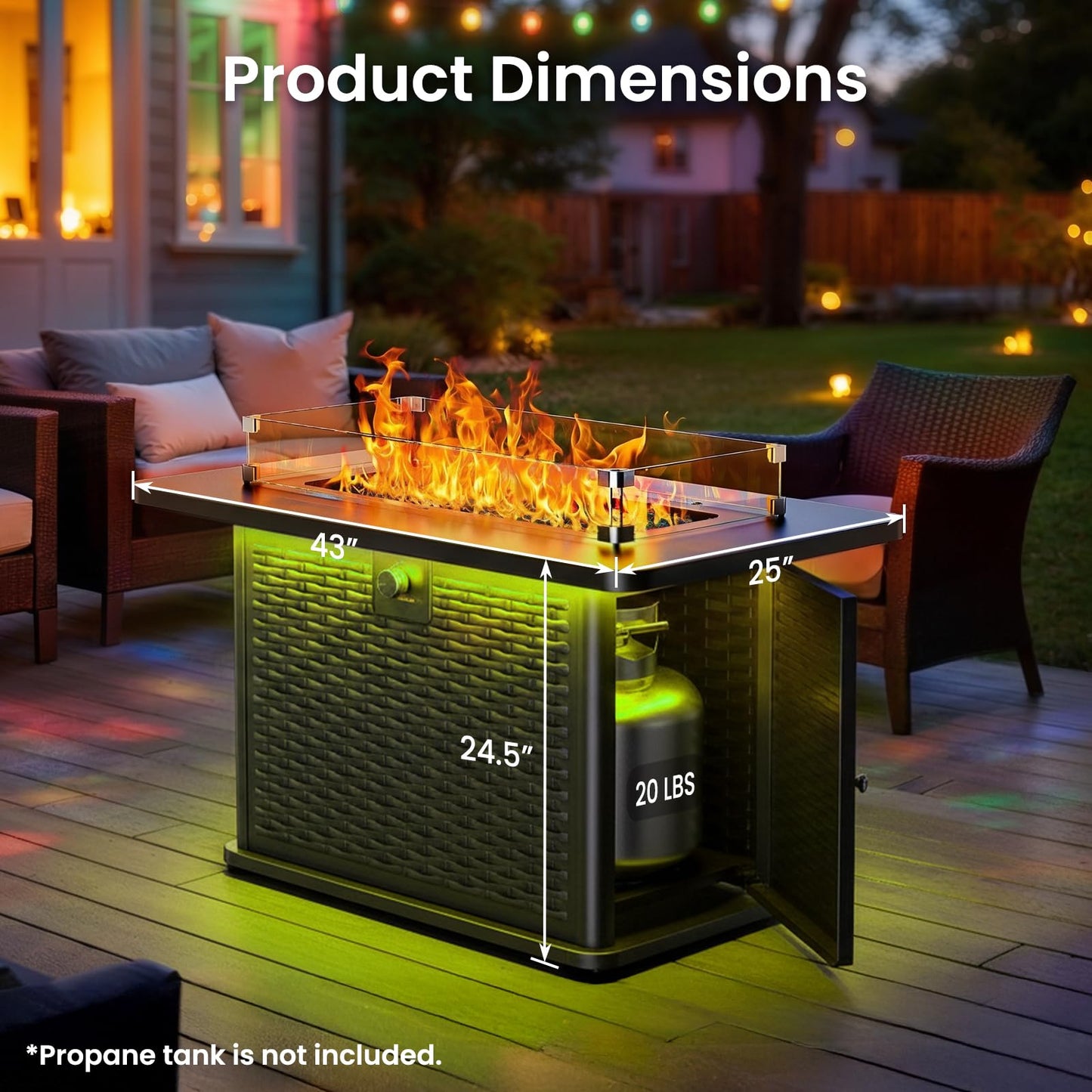 Ciays 43" Rectangular Propane Fire Pit with RGB Lighting Strip – 60,000 BTU Gas Fire Pit Table, Glass Stones, Wind Guard, Adjustable Flame, Outdoor Fire Pit for Patio & Garden, Black