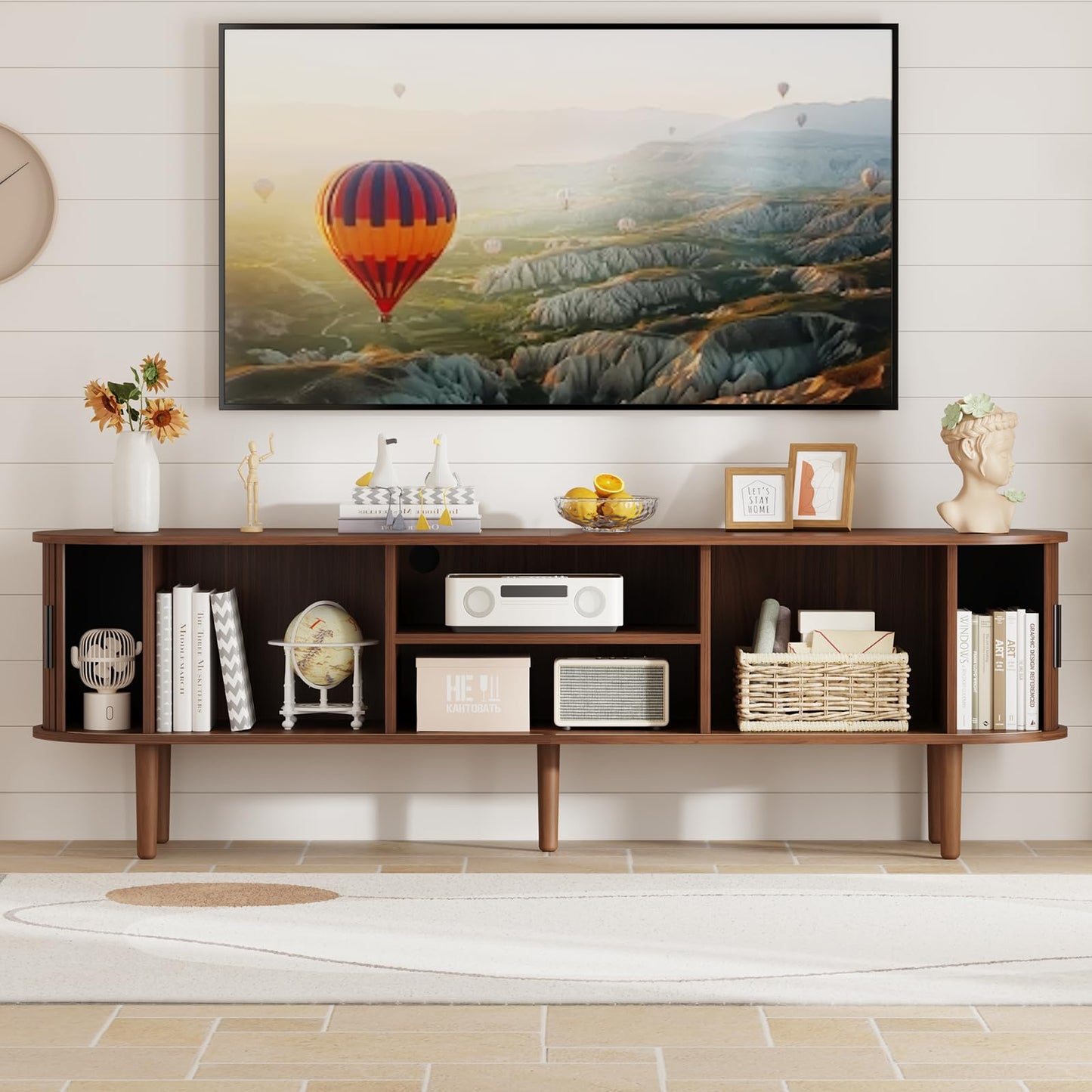 LMSXG-MZ Mid Century Modern TV Stand for Living Room, 70.1-Inch Media TV Console/Bedroom Entertainment Center with Sliding Doors, Fluted Under TV Cabinet for 55/65/75/80 Inch Tvs (Walnut)