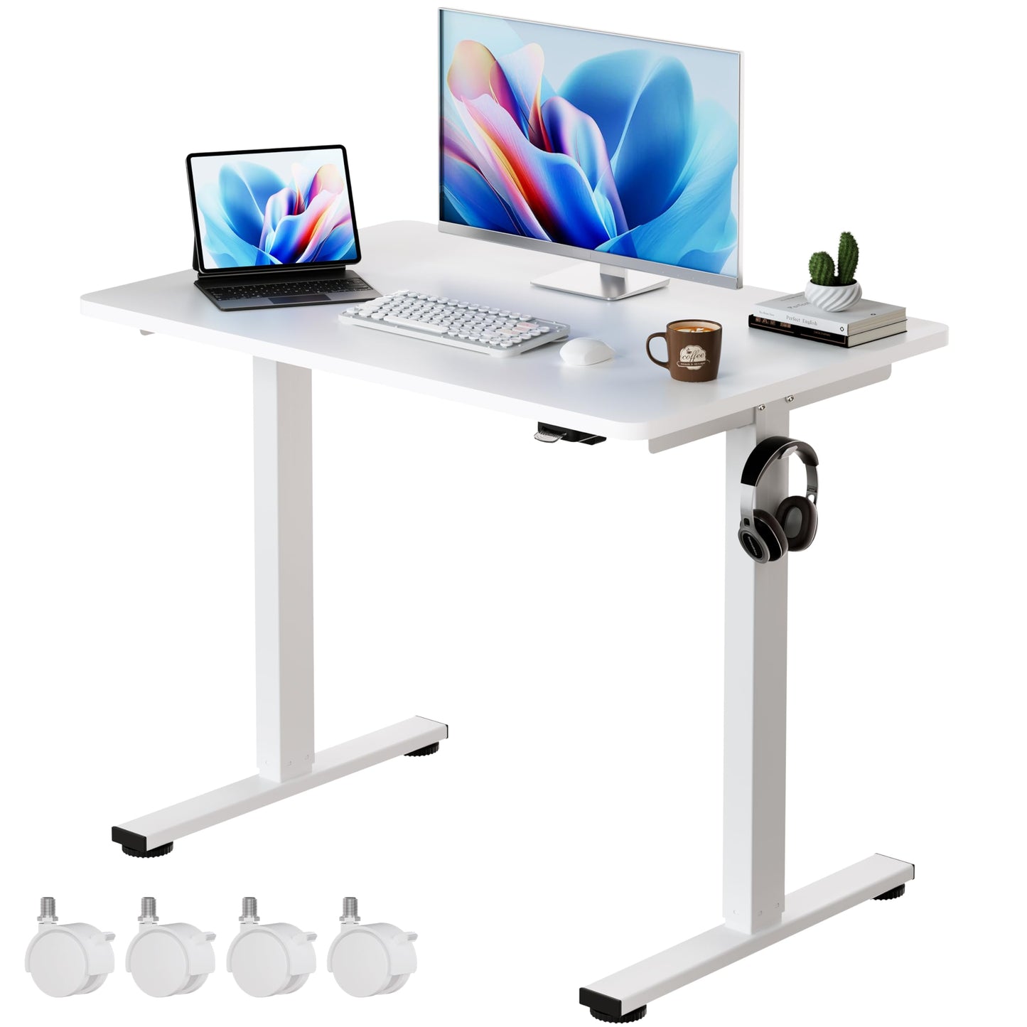 Okin Electric Standing Desk, 40 x 24 Inches Whole Piece Height Adjustable Desk, White Sit to Stand Desks Computer Workstation with Wheels for Home Office