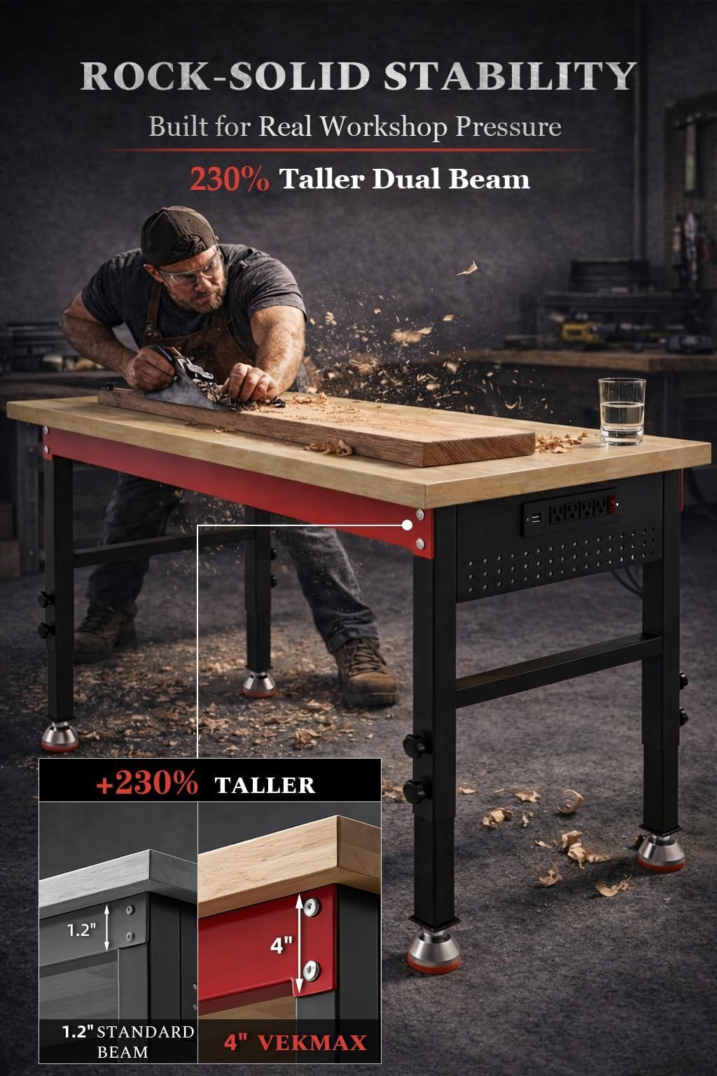 VekMax 48" Heavy Duty Workbench, 2500 LBS Load Capacity Work Bench with 1.2" Laminated Oak Wood Top & Reinforced Steel Frame, Adjustable Height Work Table for Garage, Workshop, Office, Home (Feet)
