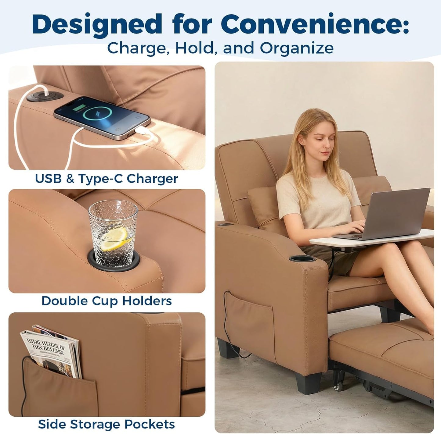 Sleeper Chair Pull Out Bed, 4 in 1 Convertible Sofa Chair Bed with Vibration Massage Lumbar Pillow, Single Sofa Recliner with USB/Type-C Port, Cup Holders and Side Pocket for Small Spaces (Brown)