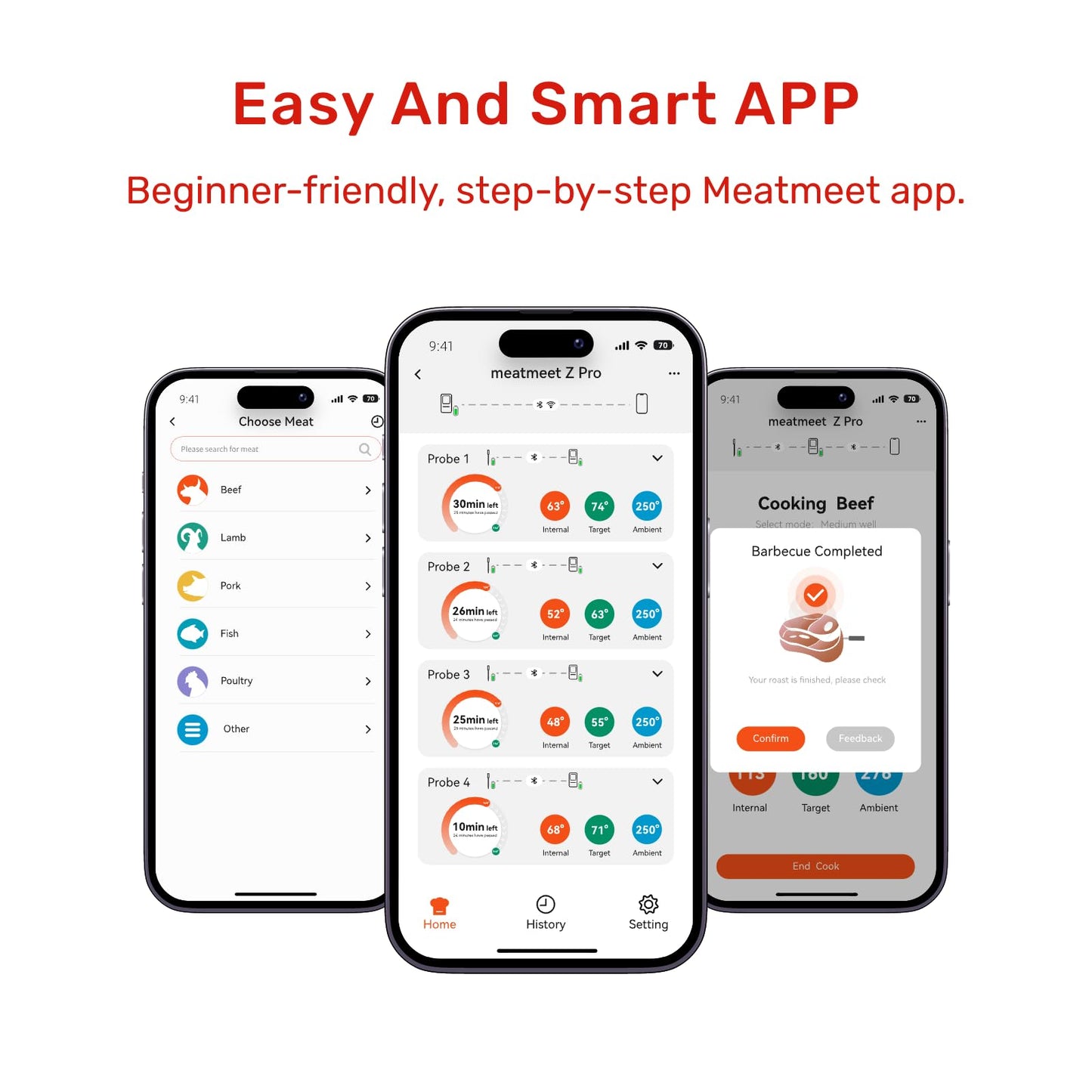Meatmeet Wireless Bluetooth Meat Thermometer Digital, Standalone Base, WiFi Unlimited Range, AI guided cooking, 6 Sensors with ± 0.18°F Accuracy, 4 Probes for Kitchen, BBQ, Grill, Oven, Smoker (Z Pro)