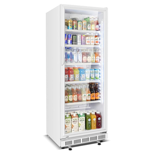 Velivi Commercial Beverage Refrigerator, 24.5" Glass Door Display Fridge, 15 Cu.Ft Beverage Cooler with 5 Adjustable Shelves, Auto Rebound Door, Low Noise, for Shops, Restaurants & Bars WHITE