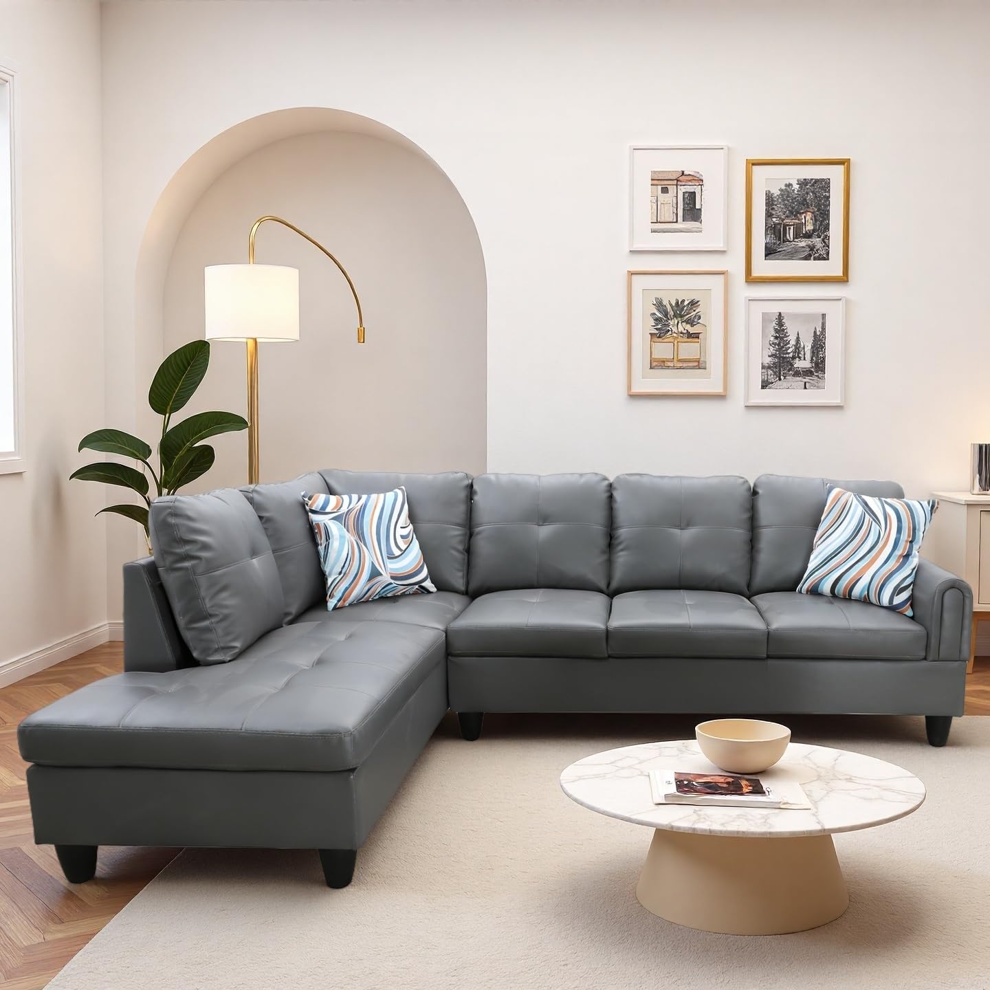 Trygoal Modern L-Shaped Sectional Sofa with Chaise Lounge, 4-Seater Leather Couch with High-Density Foam Cushions, for Living Room, Apartment, Studio, Easy Assembly, Dark Grey