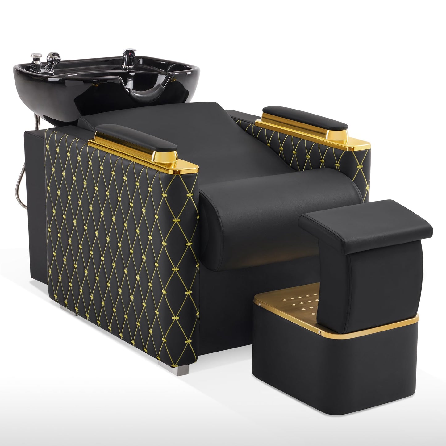 BarberPub Backwash Shampoo Station Chair with Porcelain Ceramic Hair Wash Bowl, Vacuum Breaker, Professional Black&Gold Shampoo Chair for Salon and Spa 8613 (Black&Gold)