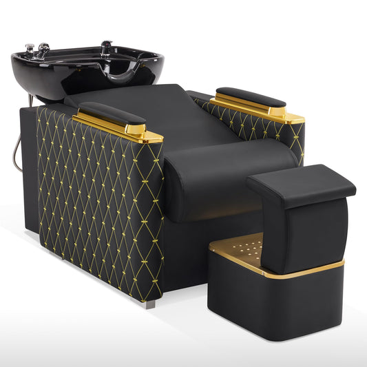 BarberPub Backwash Shampoo Station Chair with Porcelain Ceramic Hair Wash Bowl, Vacuum Breaker, Professional Black&Gold Shampoo Chair for Salon and Spa 8613 (Black&Gold)