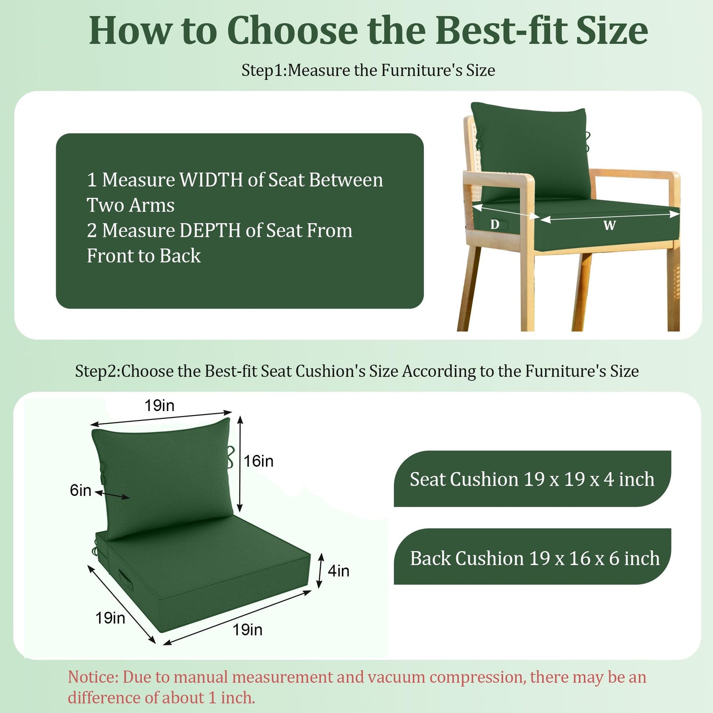 PZDJUMO Outdoor Chair Cushion, 19 x 19 Inch Waterproof Deep Seat Patio Cushions Set of 4, Loveseat Cushions for Outdoor Furniture, 4'' Thick Patio Furniture Cushion with Handle Straps, Dark Green