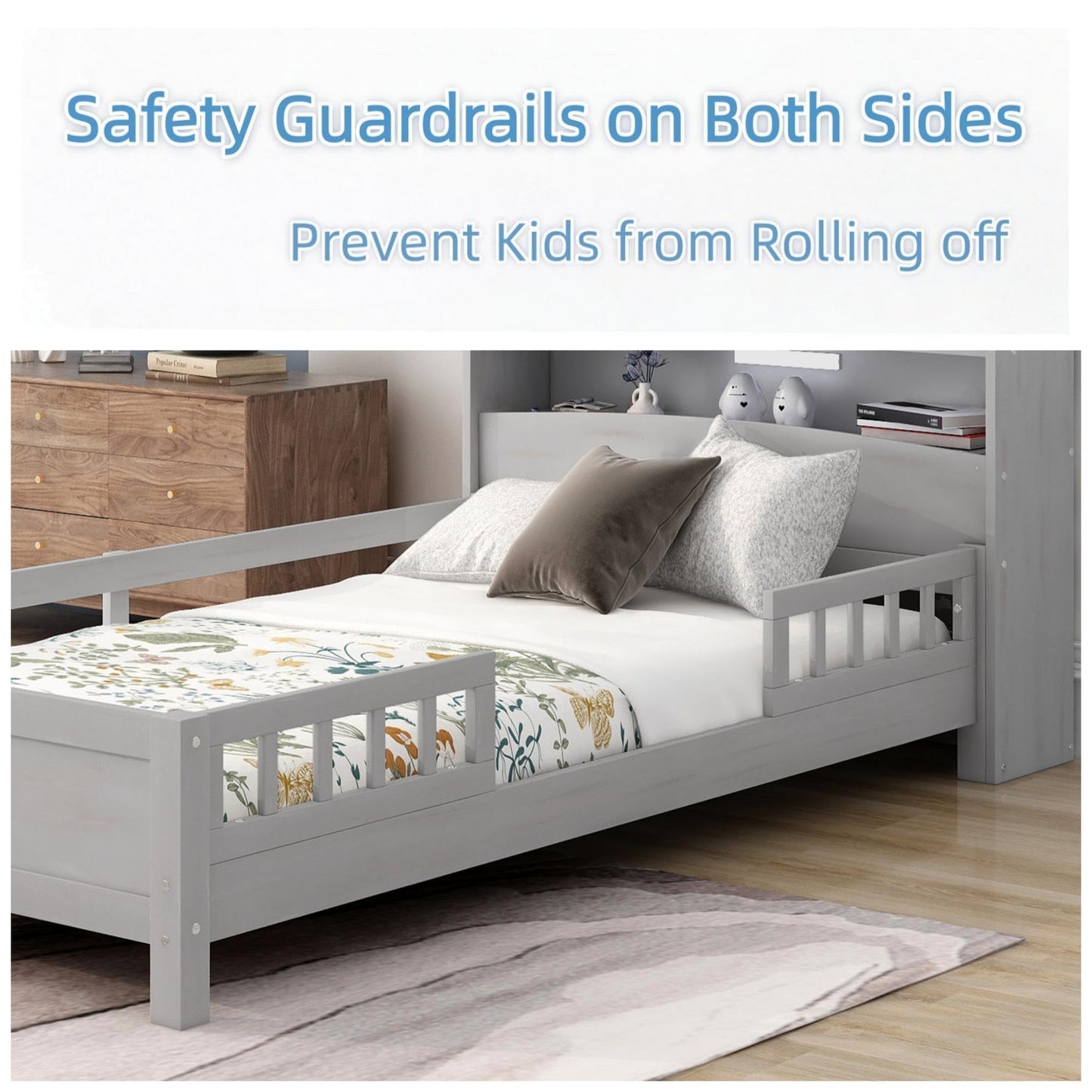 Merax Twin Bed Frame, Solid Wood Twin Size Platform Bed with Storage Headboard, Built-in Light and Safety Guardrail, Montessori Inspired Bed, No Box Spring Needed, Gray