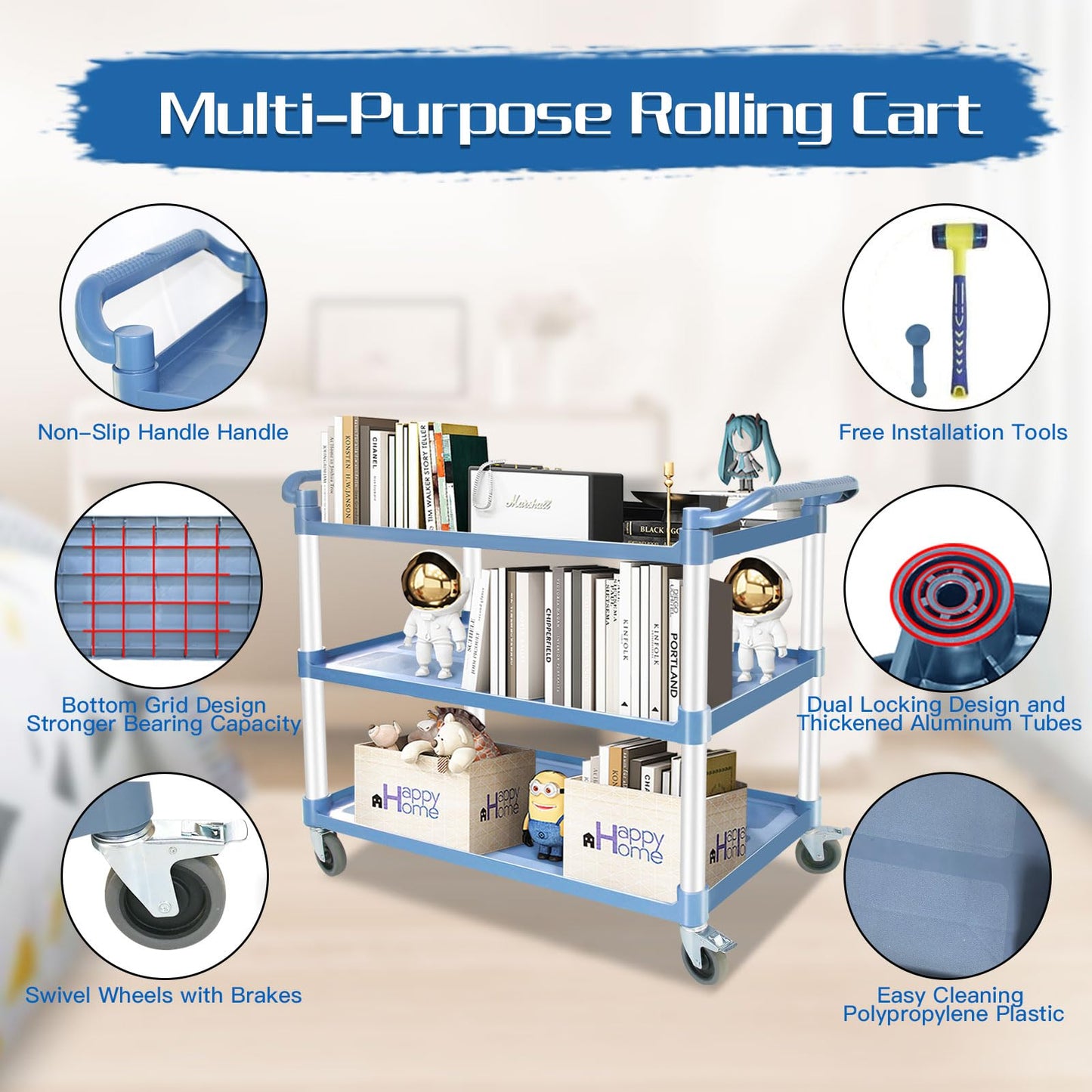 Utility Carts with Wheels Large Size Rolling Cart with Wheels Heavy Duty 600 LBS Food Cart with Lockable Wheels and Hammer for Kitchen/Office/Warehouse, 39.5" D x 19.3" W x 39.5" H(Grey Large Size)