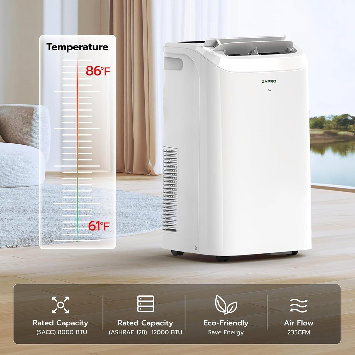 ZAFRO Portable Air Conditioner, 12050 BTU (8050 BTU SACC), Cools Rooms up to 500 Sq.Ft, Smart Portable AC Unit with Ultra-Quiet (44dB), Drainage-Free Cooling, Energy-Efficient, Easy Installation